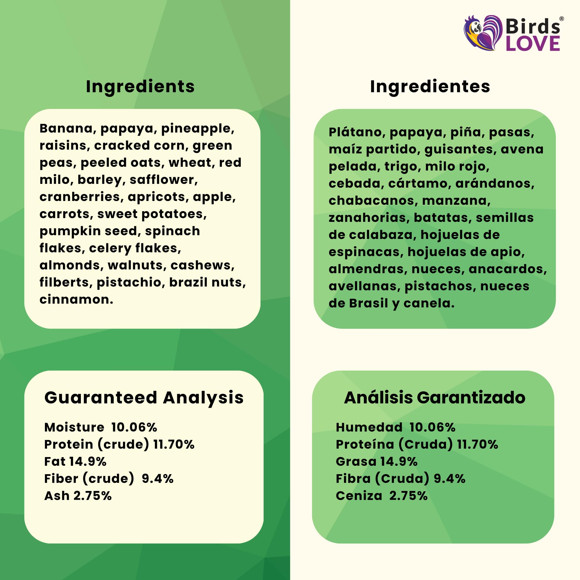 Birds LOVE ingredientes frutales, frutos secos y verduras para aves curiosas.