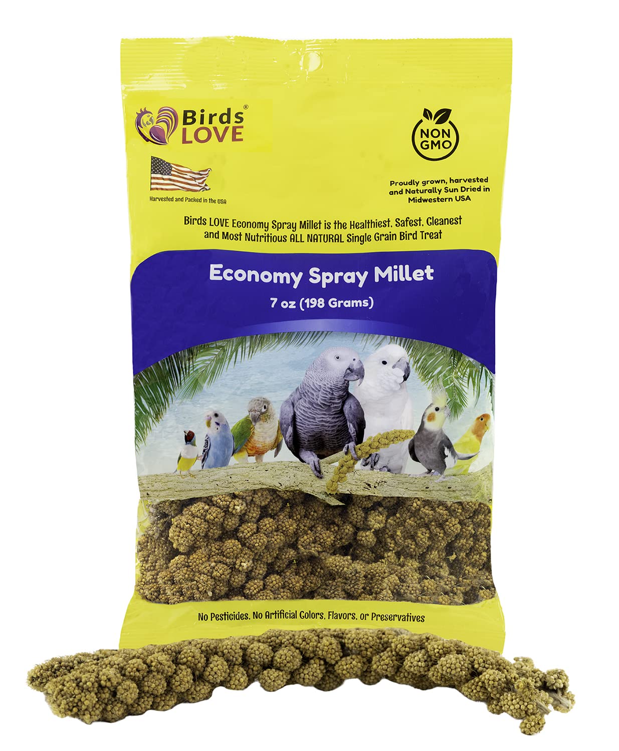 Birds LOVE mijo spray libre de OGM, envase visible, snack natural para aves
