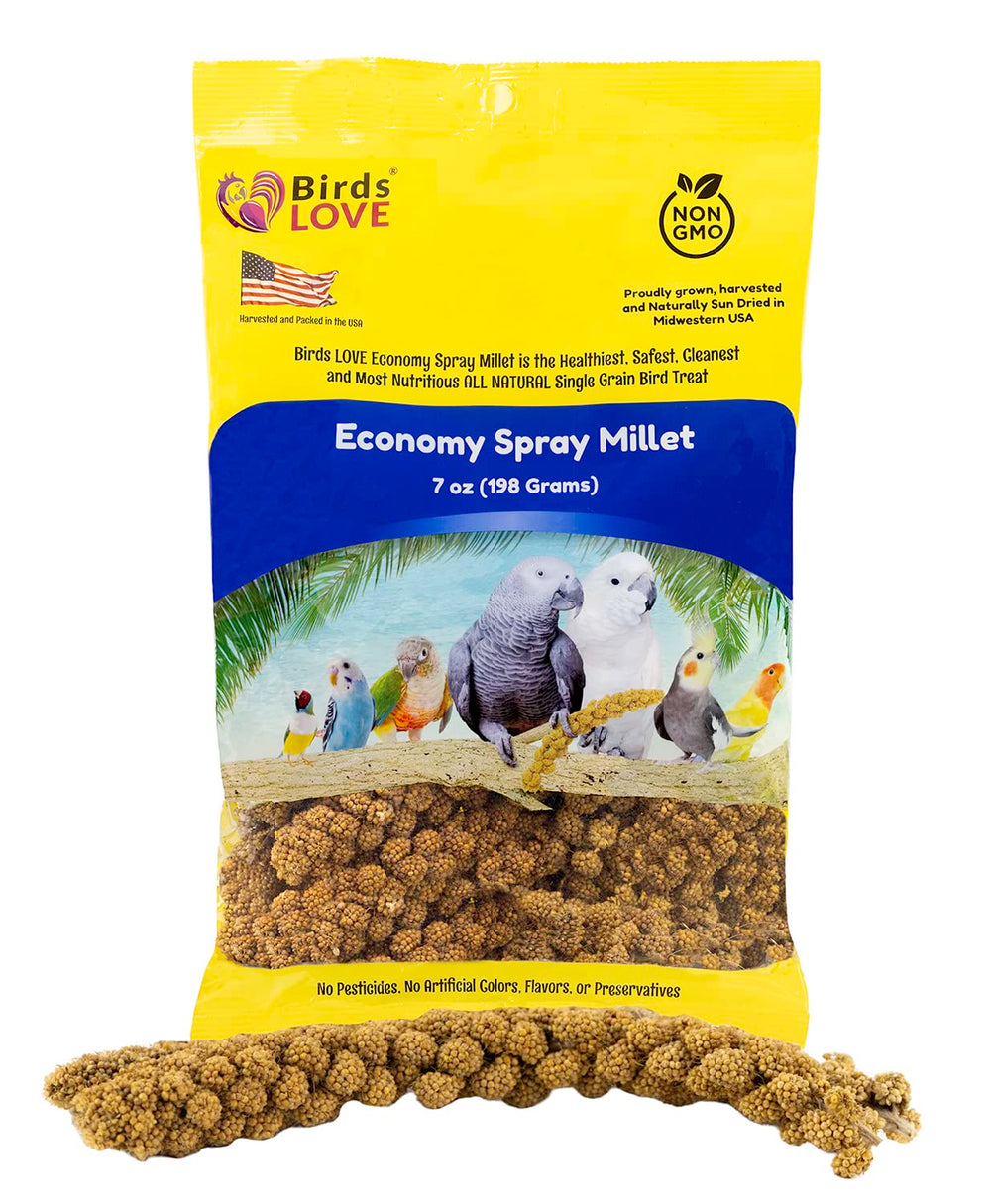 Birds LOVE mijo spray libre de OGM, envase visible, snack natural para aves