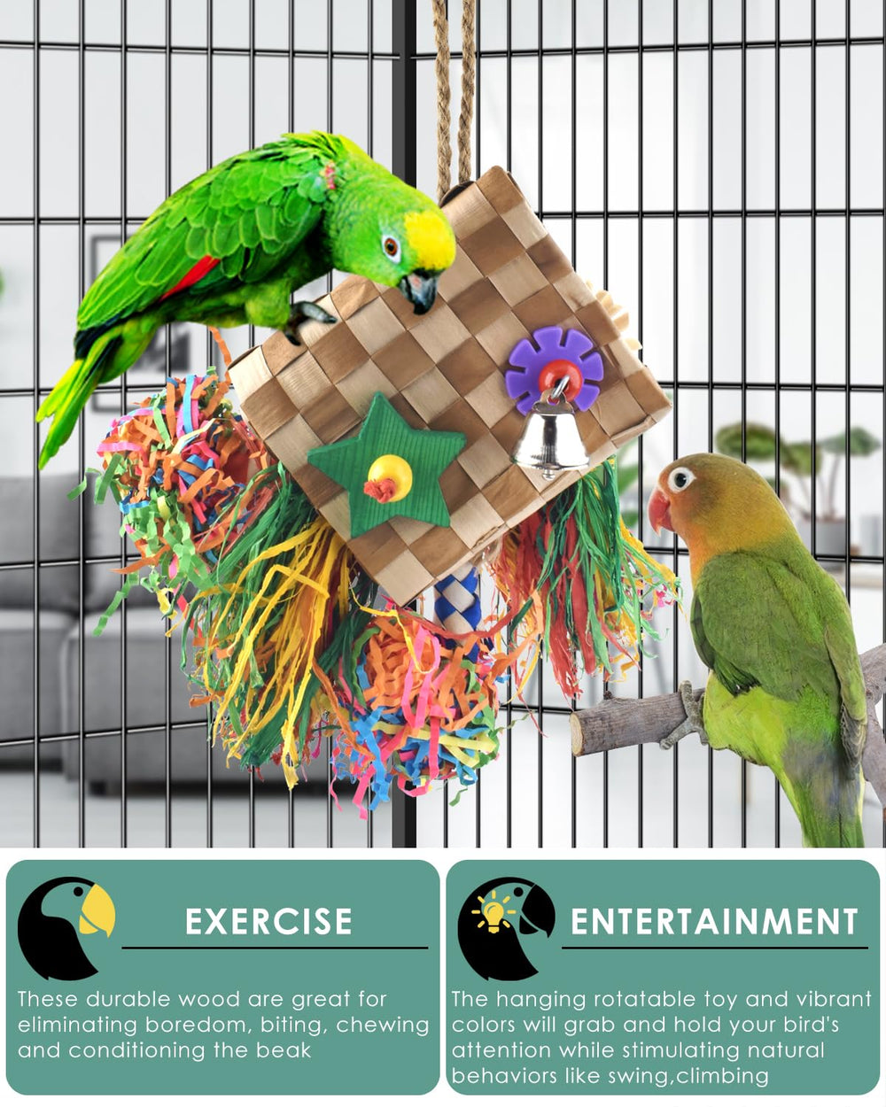 Juguete Bissap para conure y lovebird, tamaño medio.