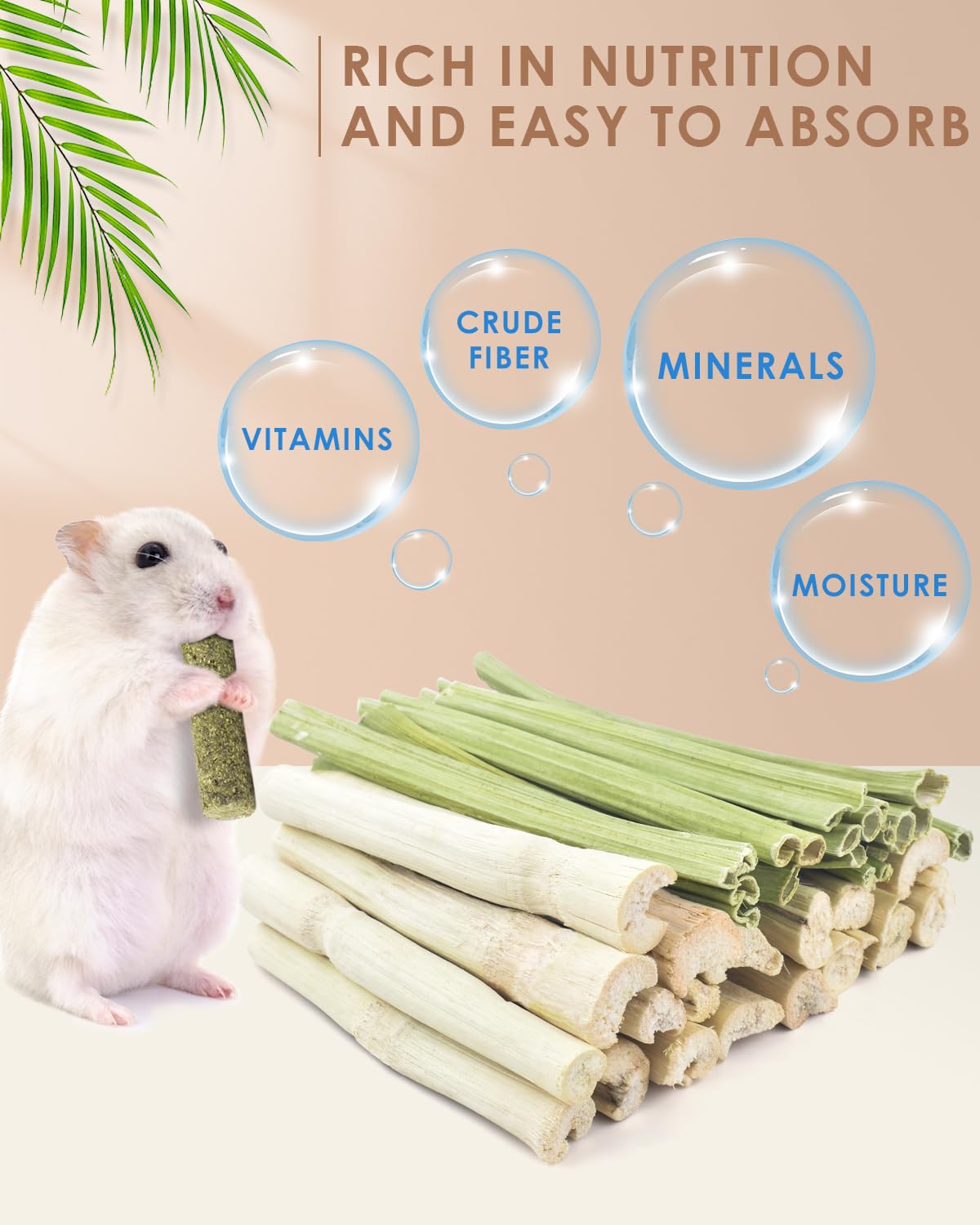 Bissap palitos para conejo de bambú y papaya, promueven masticación natural y diversión.