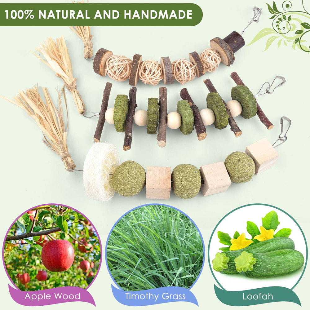 Raffia y madera Bissap colgante, promueve juego y desgaste dental natural.