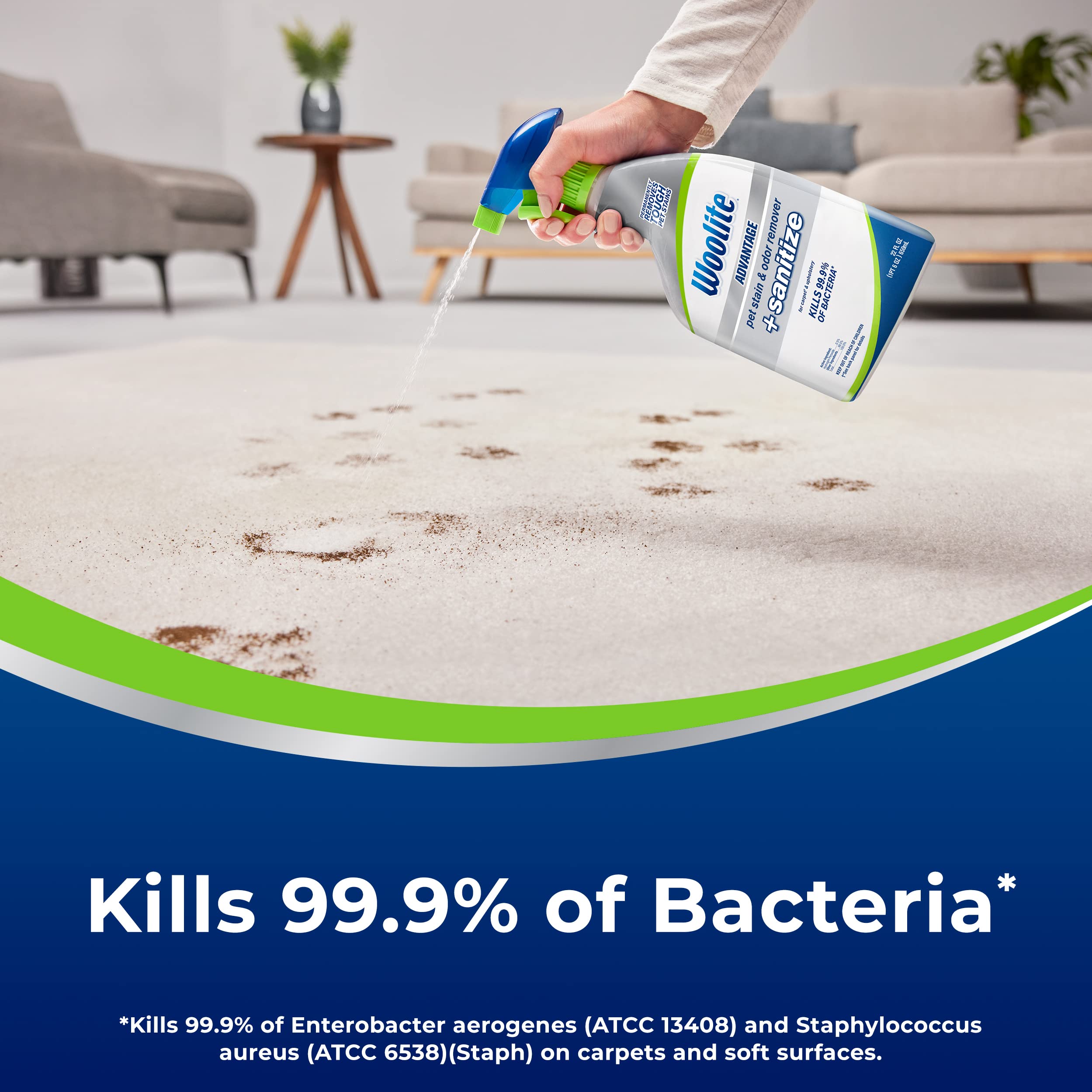 Bissell Woolite Adv, botella, elimina manchas resistentes en alfombras y tapicería.