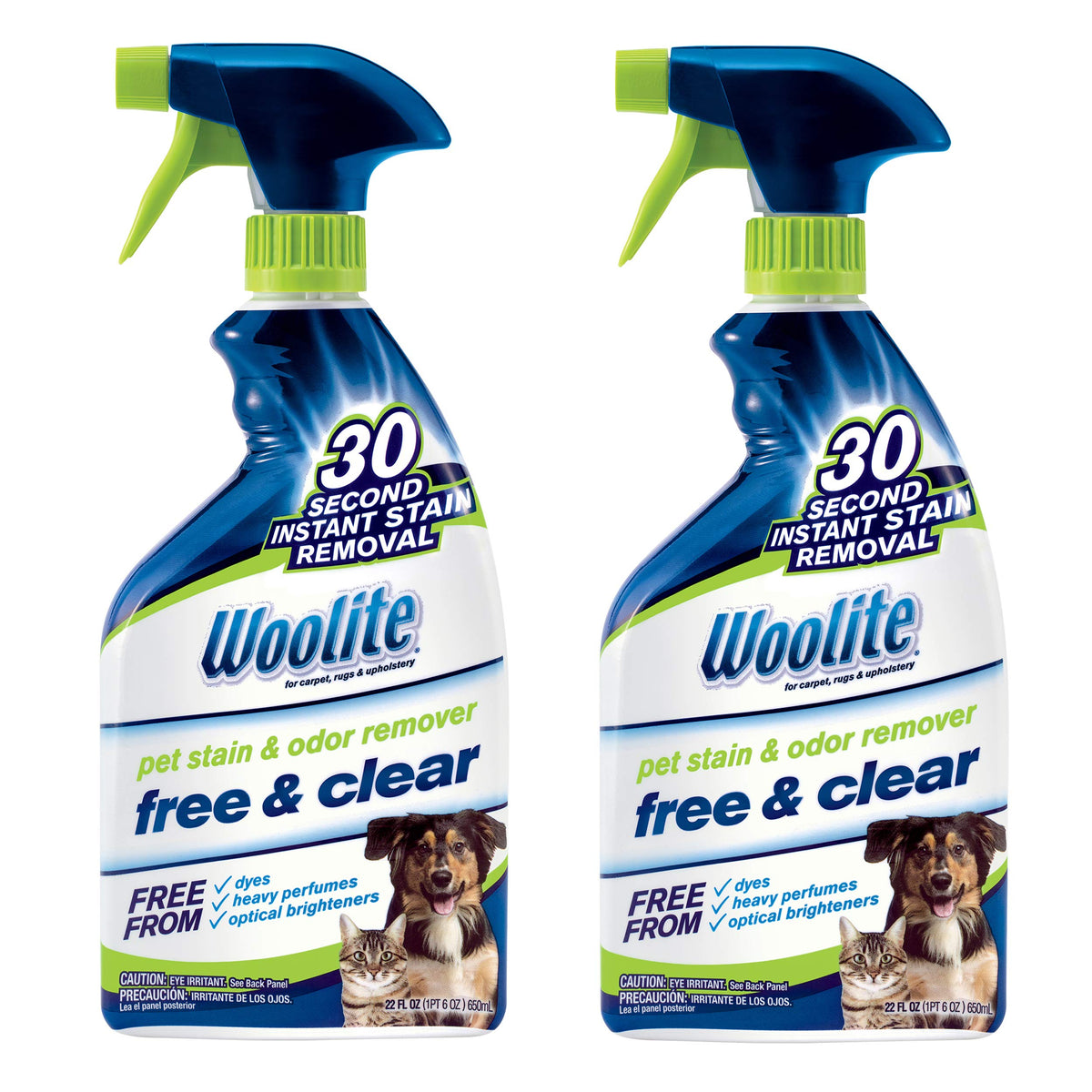 Las botellas dobles de Bissell Woolite Free & Clear facilitan la limpieza de manchas.