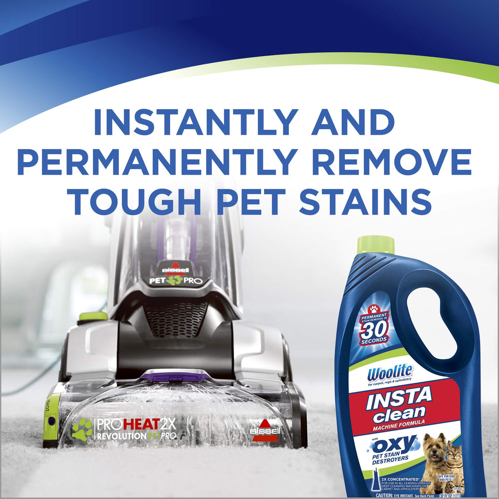 Etiqueta de Bissell Woolite InstaClean Pet con concentraciones y uso recomendado.