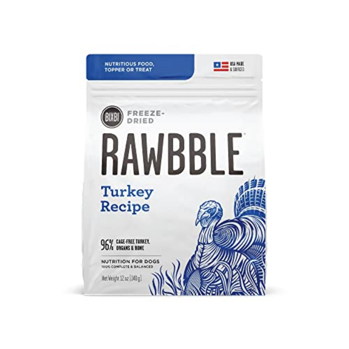 BIXBI Liberty alimento liofilizado de pavo en envase, práctico sin refrigeración.