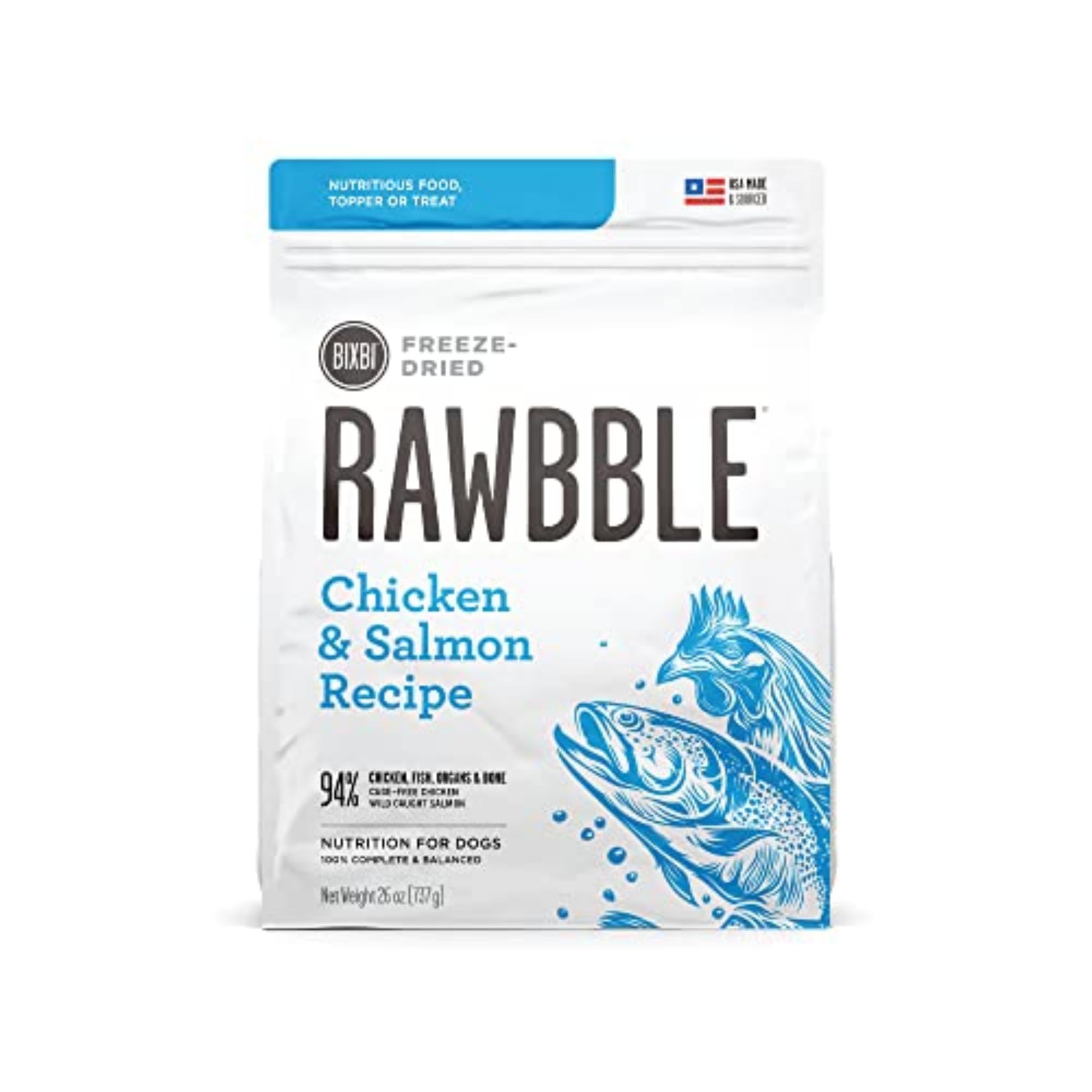 BIXBI Liberty, alimento liofilizado de pollo y salmón, sin refrigeración, para perros.