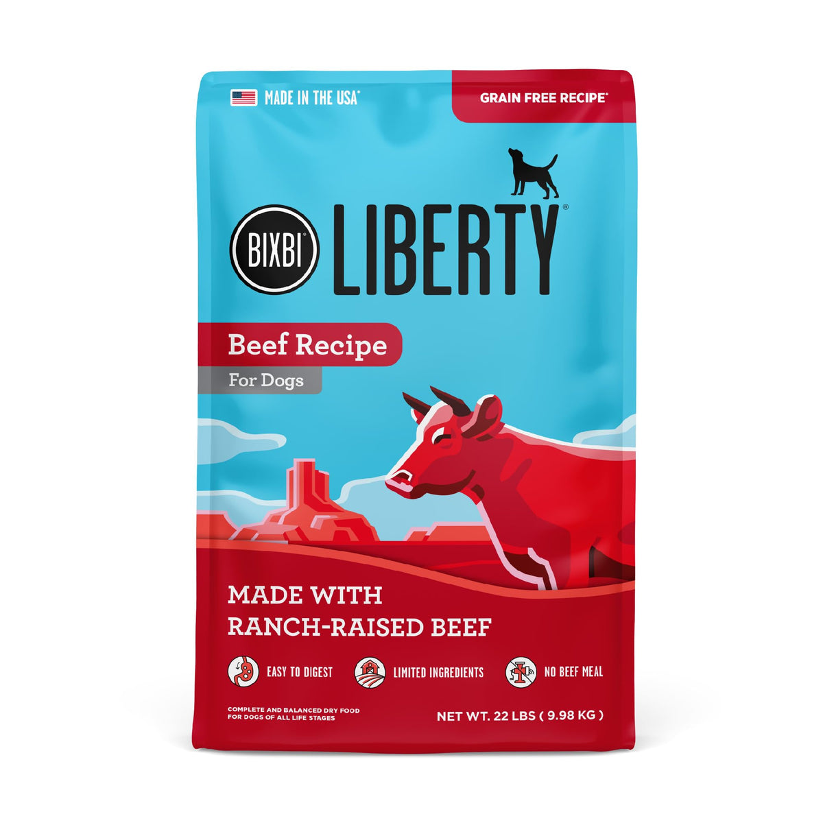 BIXBI Liberty alimento para perro, bolsa abierta muestra croquetas de carne fresca.