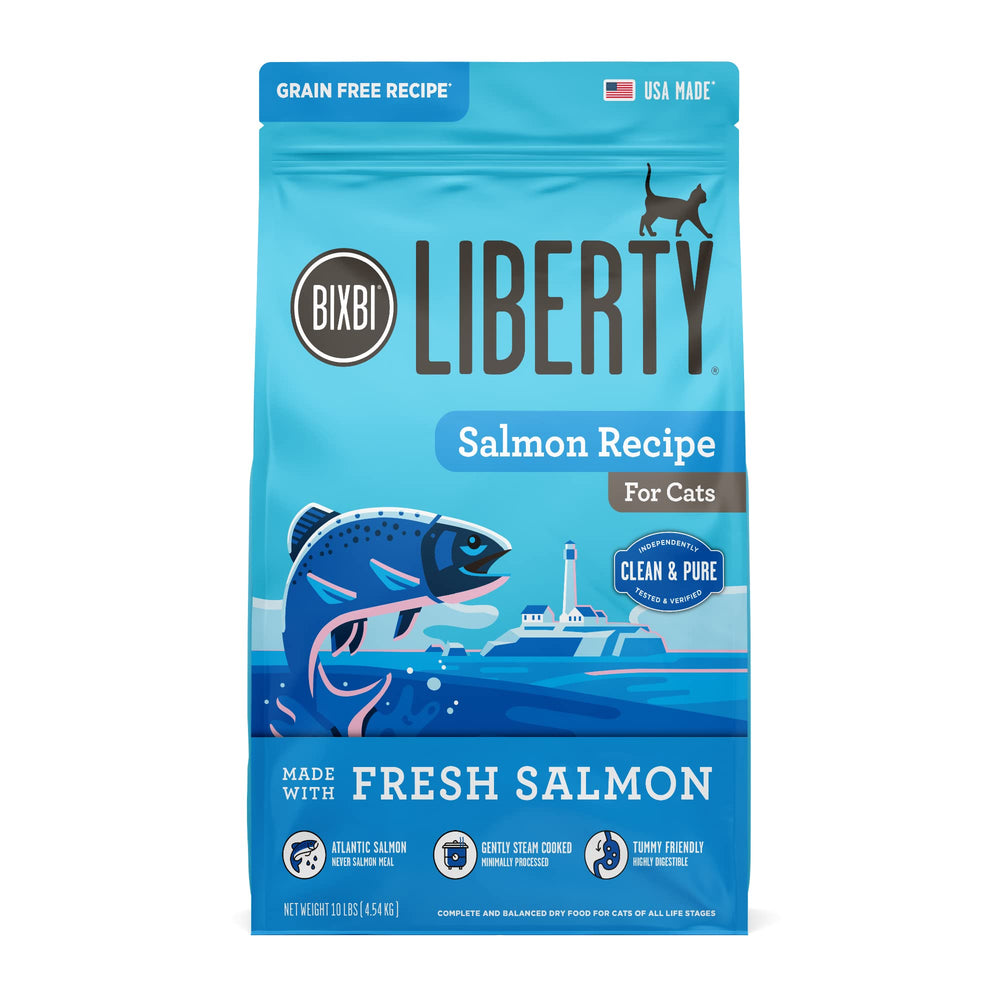 BIXBI Liberty empaque de comida seca para gatos con salmón sostenible.