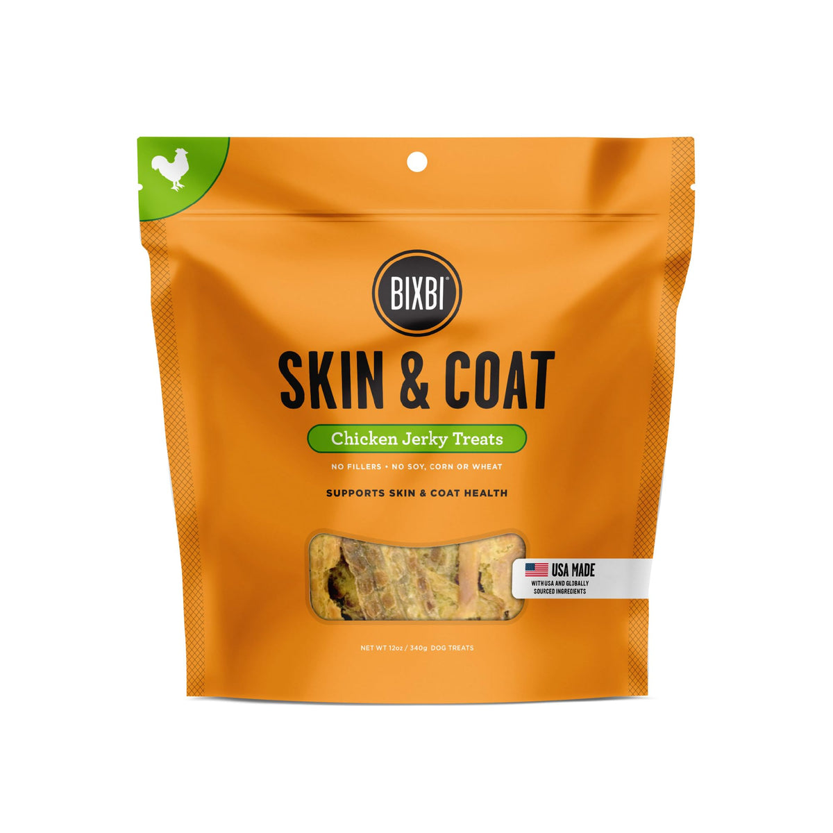 Tiras de pollo BIXBI Skin & Coat Support para perro, promueven pelaje brillante.