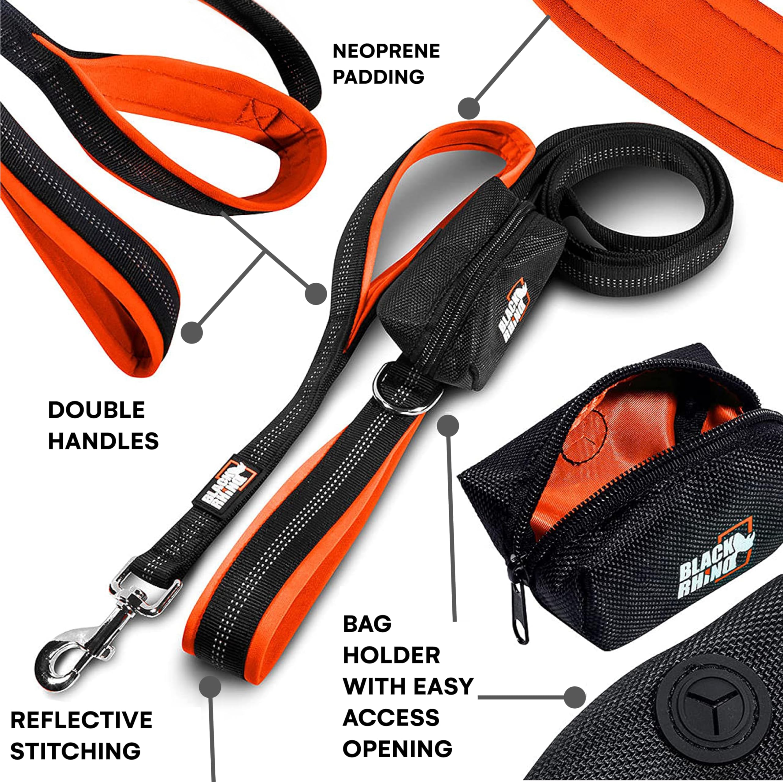 Laisse Black Rhino avec sac intégré orange pour transporter des sachets