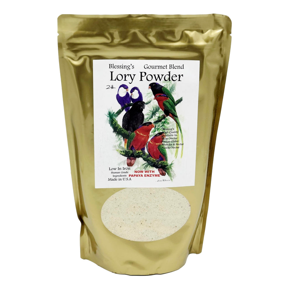Blessings Lory Powder en empaque práctico para almacenamiento y uso diario.