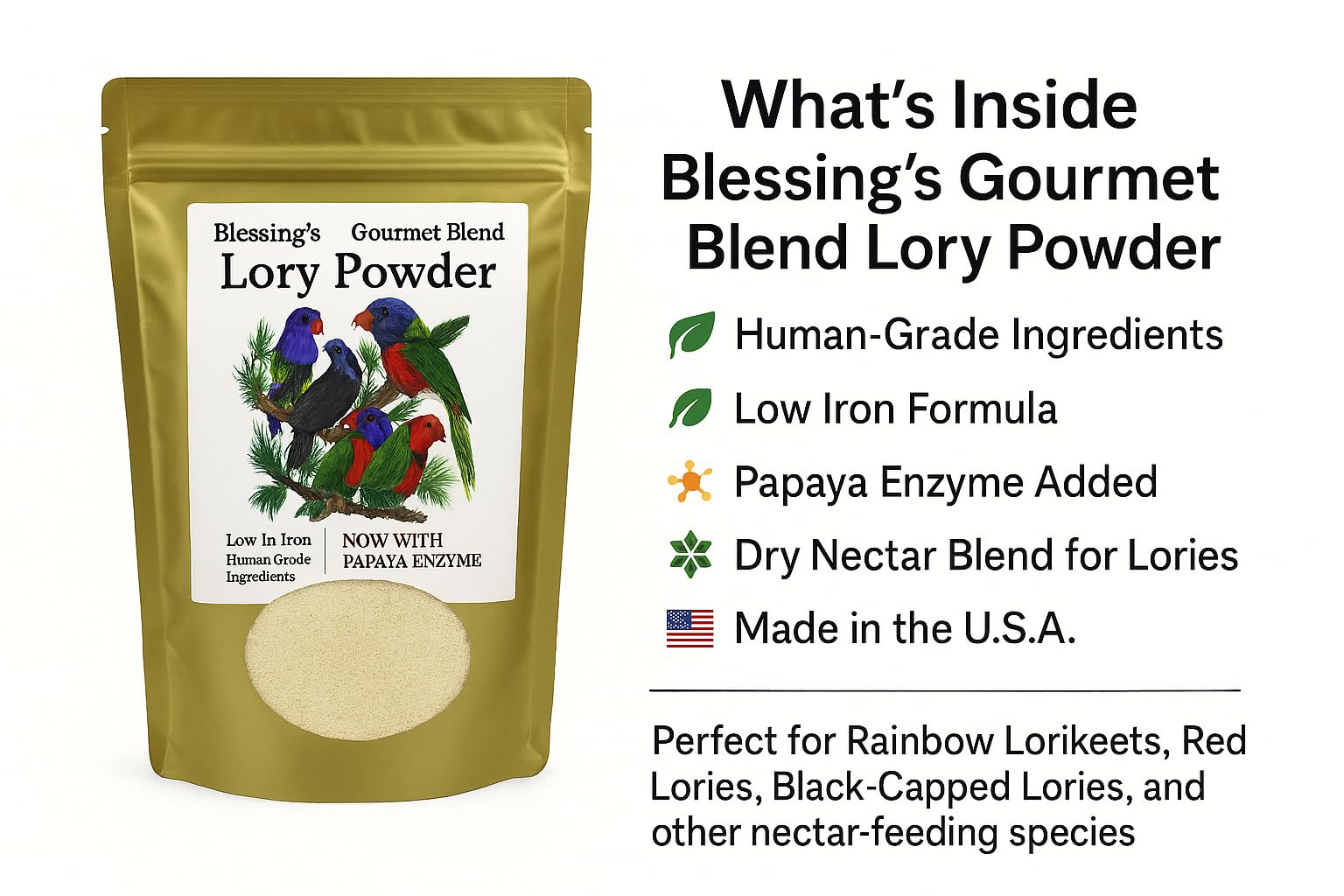 Etiqueta con ingredientes y valores nutricionales del polvo Blessings Lory.