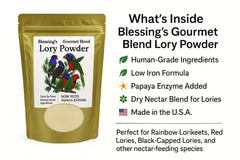 Etiqueta con ingredientes y valores nutricionales del polvo Blessings Lory.