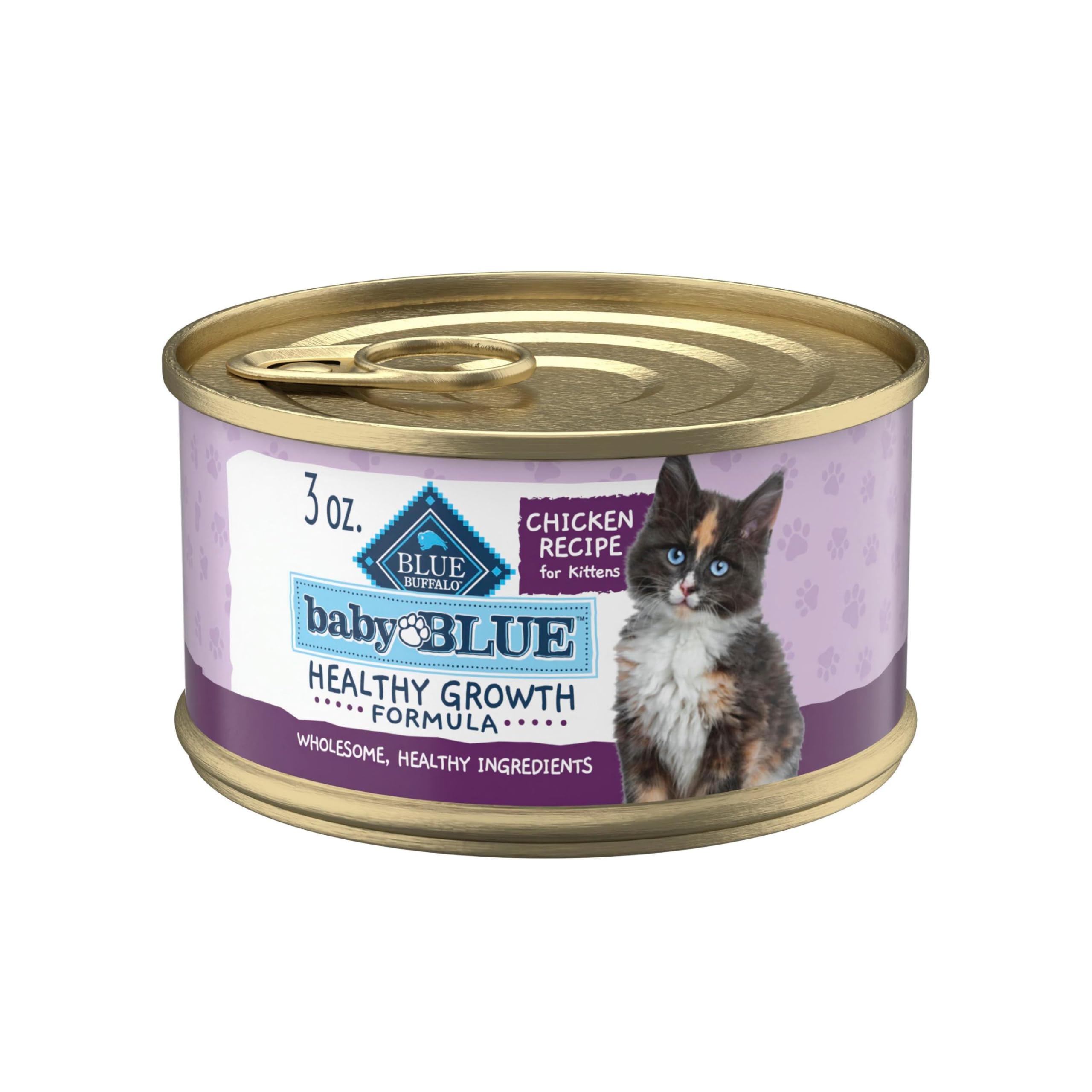 Blue Buffalo Baby BLUE gatito disfruta una lata de pollo de 85 g para nutrición diaria.