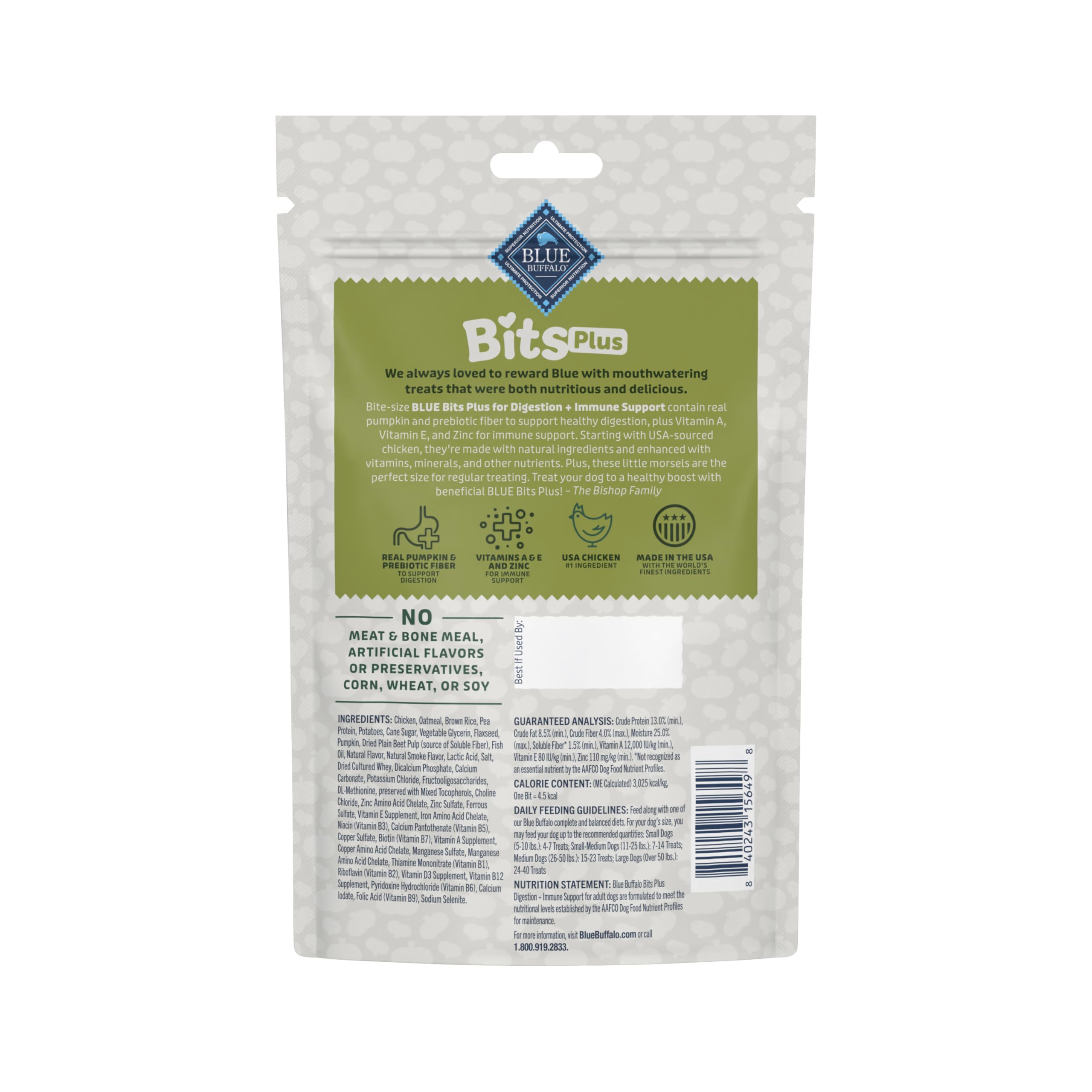 Blue Buffalo Blue Bits Plus: trocitos suaves de pollo y calabaza para snack diario.