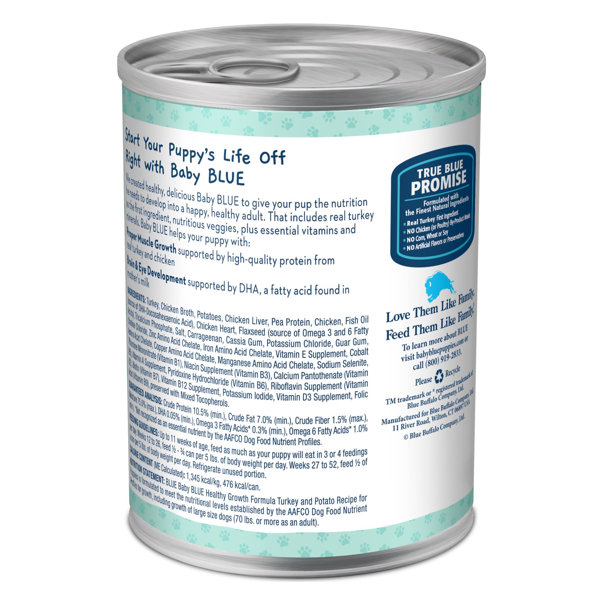 Blue Buffalo Baby BLUE muestra pavo como primer ingrediente para cachorros.