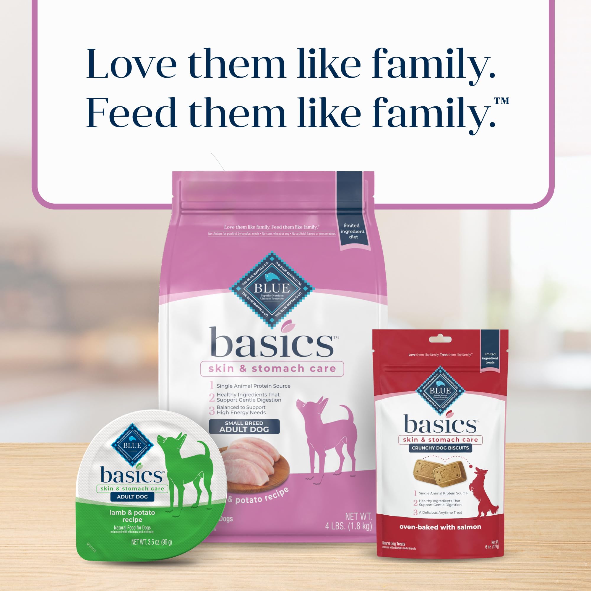 Blue Buffalo Basics empaque mejorado destacando ingredientes clave.