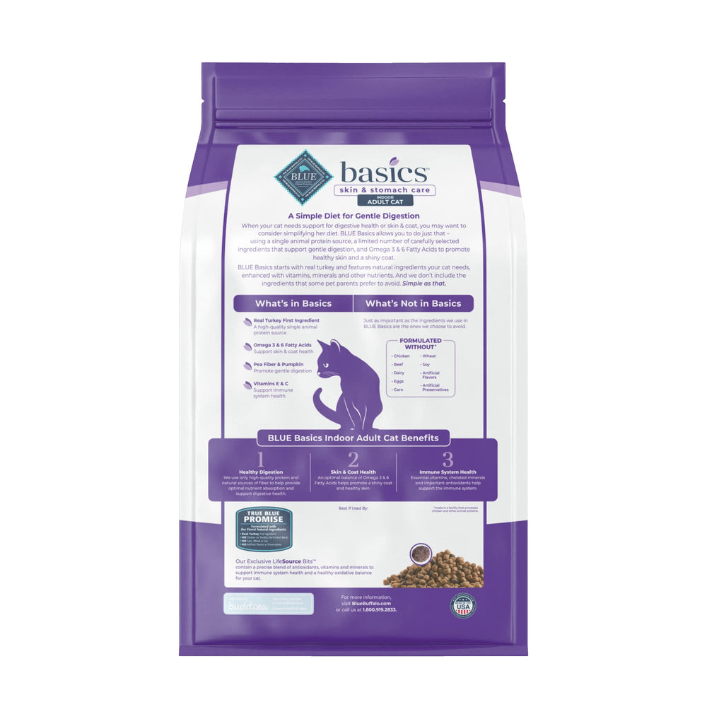 Blue Buffalo Basics cuidado de piel y estómago para gatos indoor con omega beneficiosos.