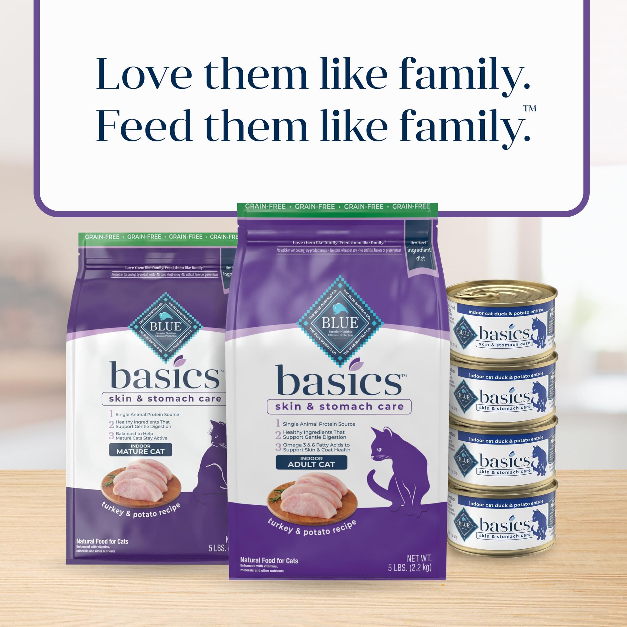 Blue Buffalo Basics receta de pavo y papa con sabor suave para gatos.