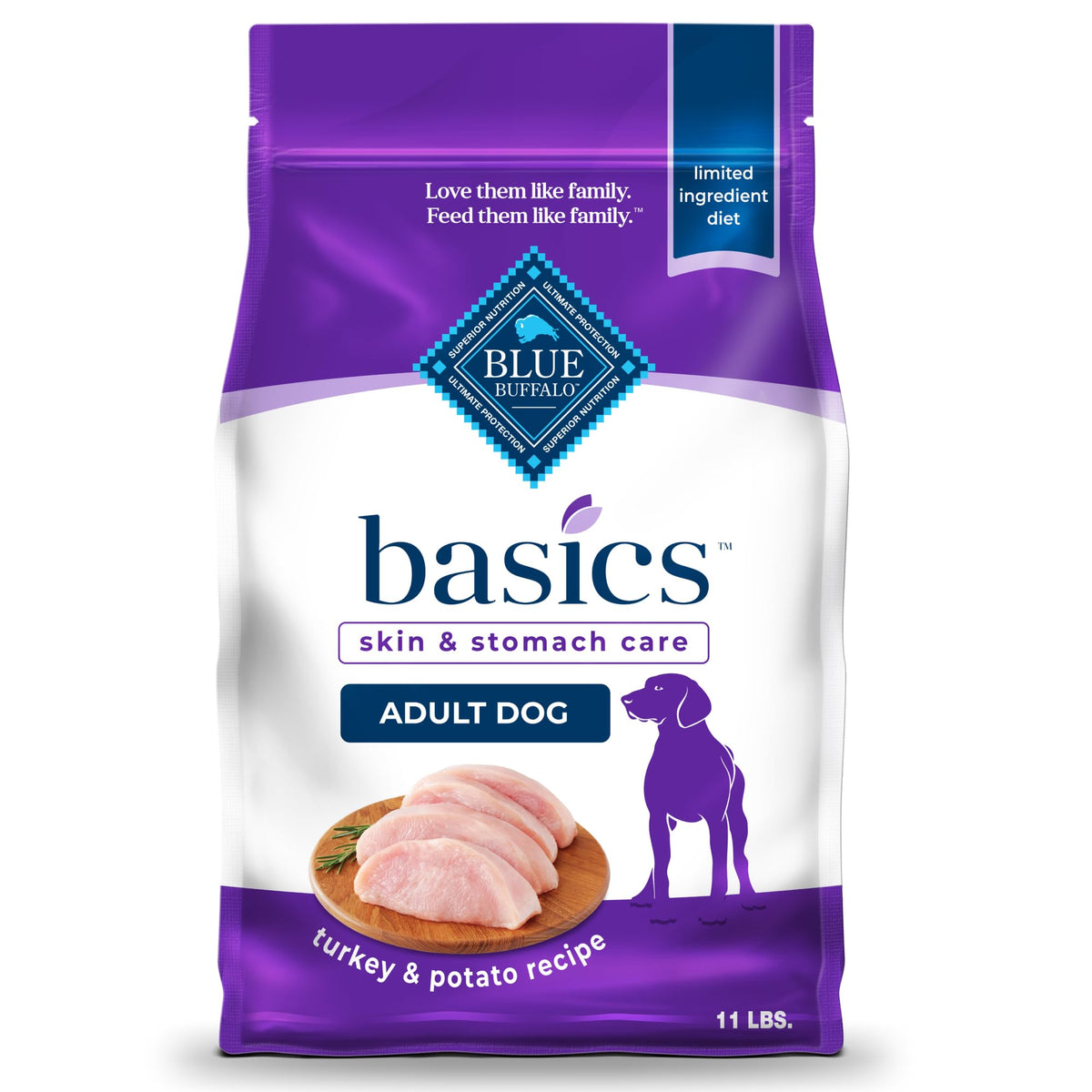 Blue Buffalo Basics con pavo real primer ingrediente para perros adultos, proteínas de alta calidad.