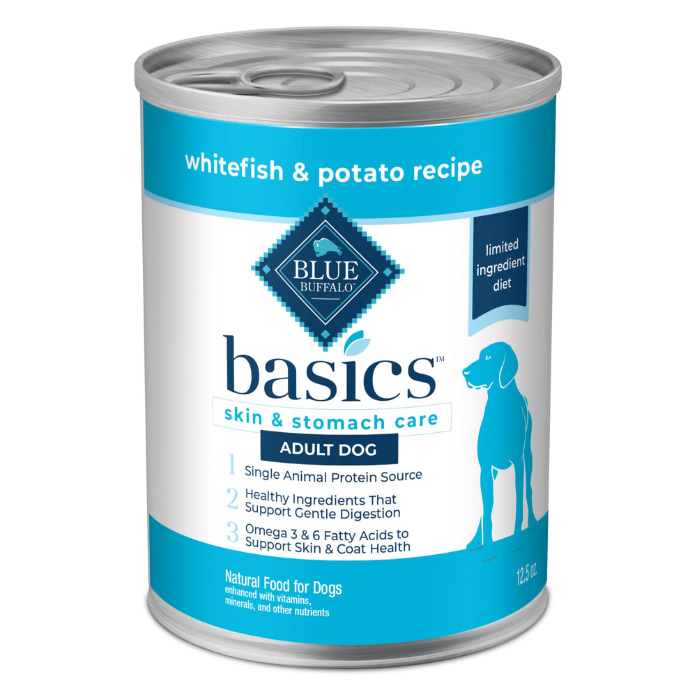 Blue Buffalo Basics, pescado blanco primer ingrediente, promueve piel y pelaje saludables.