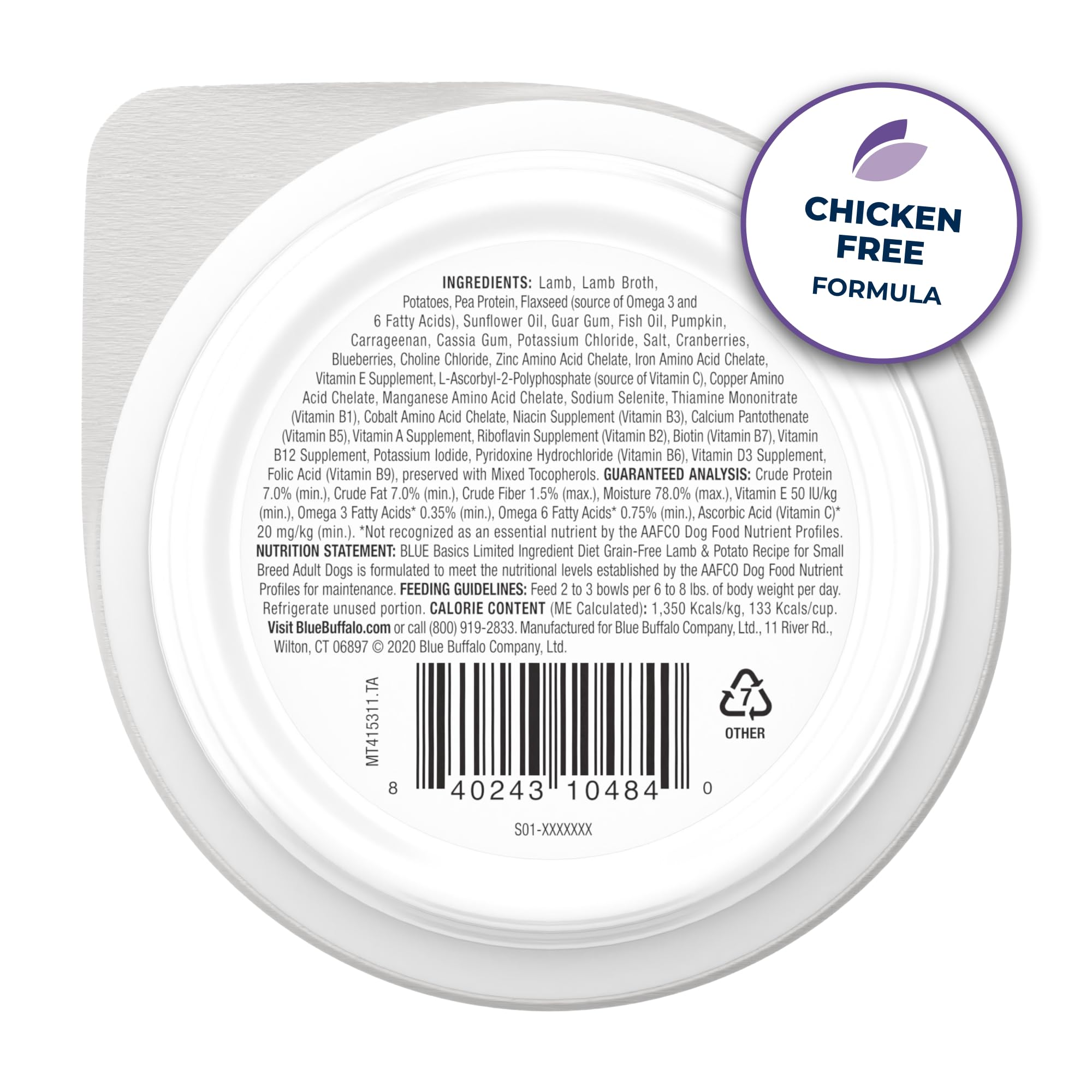 Blue Buffalo Basics receta cordero y papa para perros pequeños con energía.