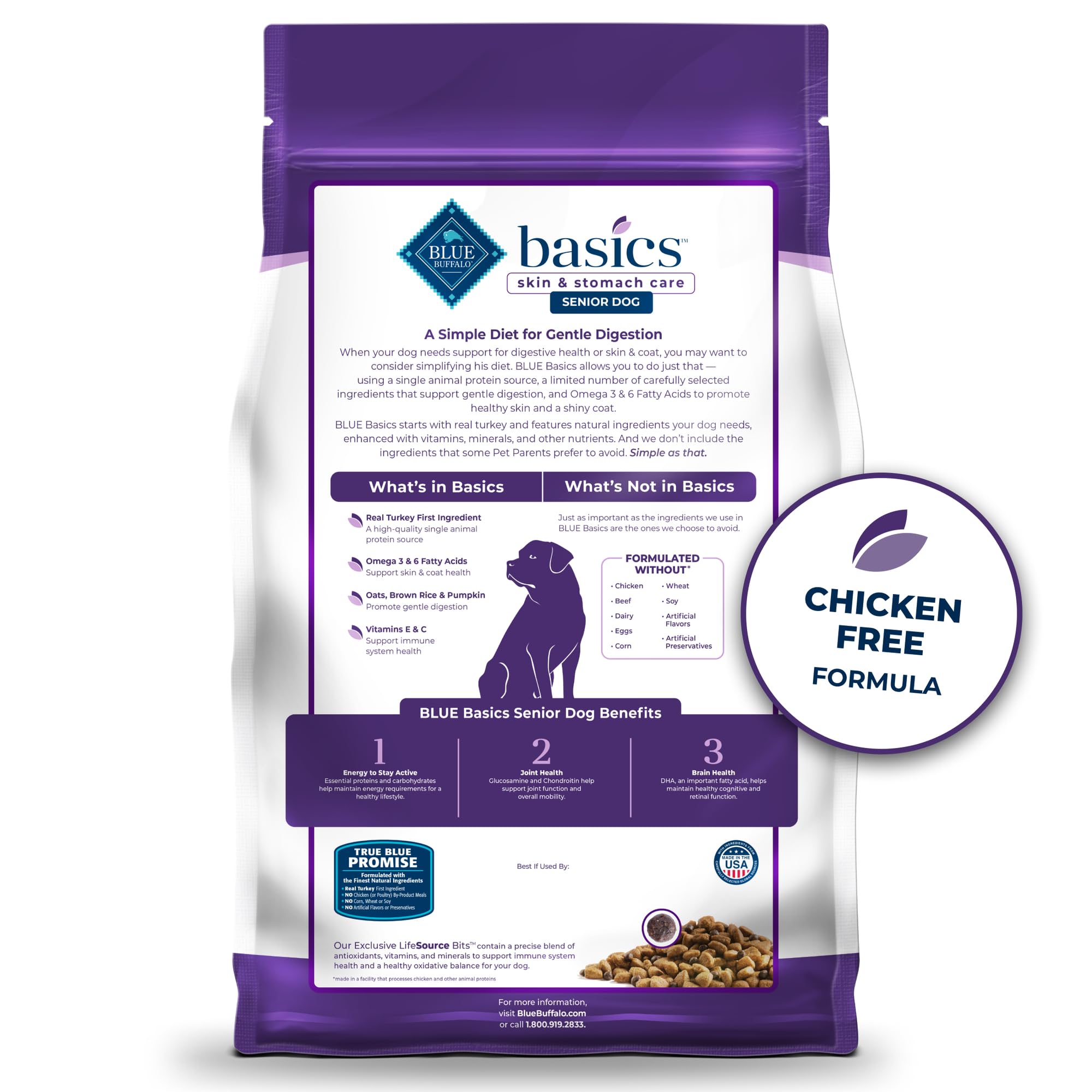Blue Buffalo Basics Senior, pavo como primer ingrediente, favorece músculos y energía.