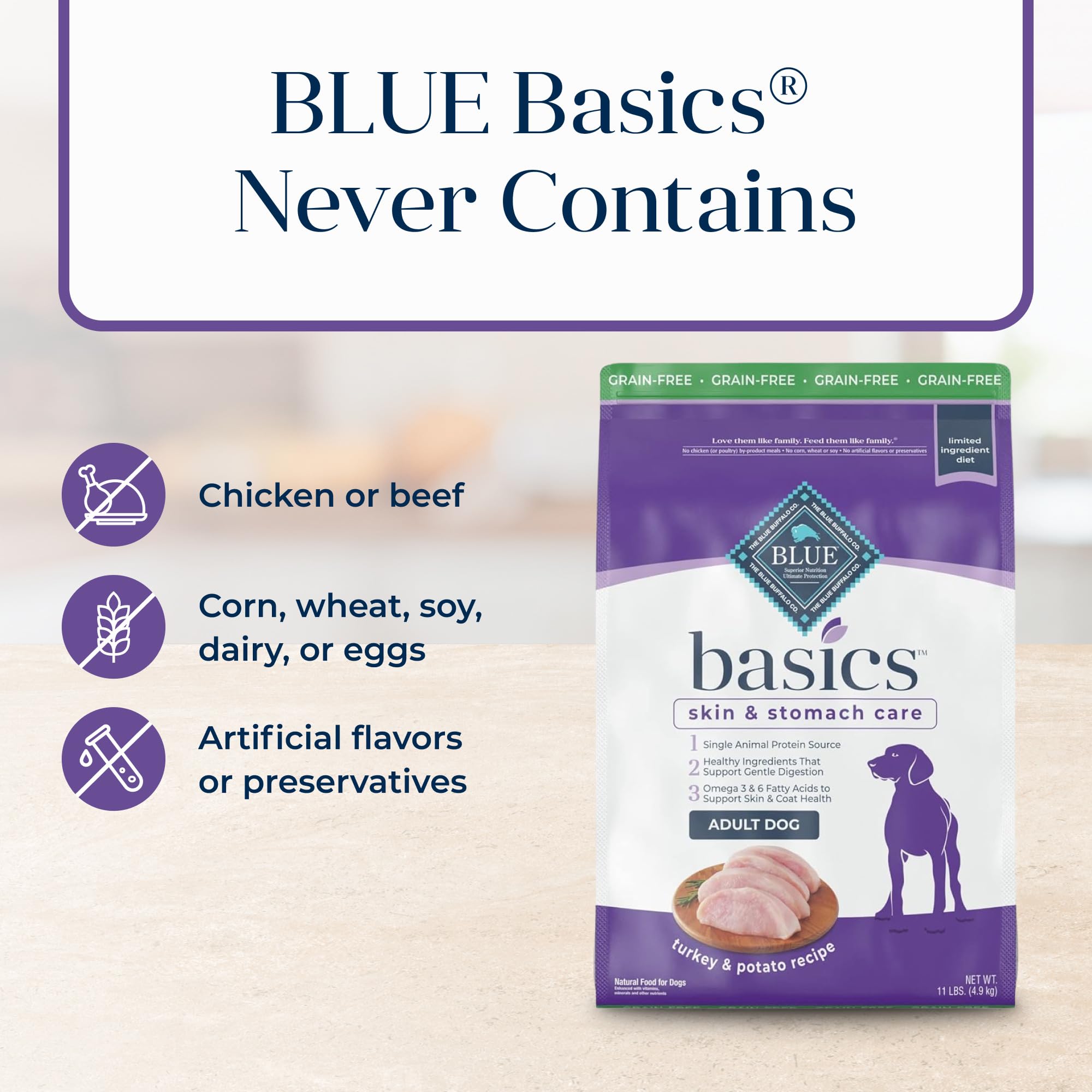 Blue Buffalo Basics sin maíz, trigo ni soja para sensibilidad digestiva