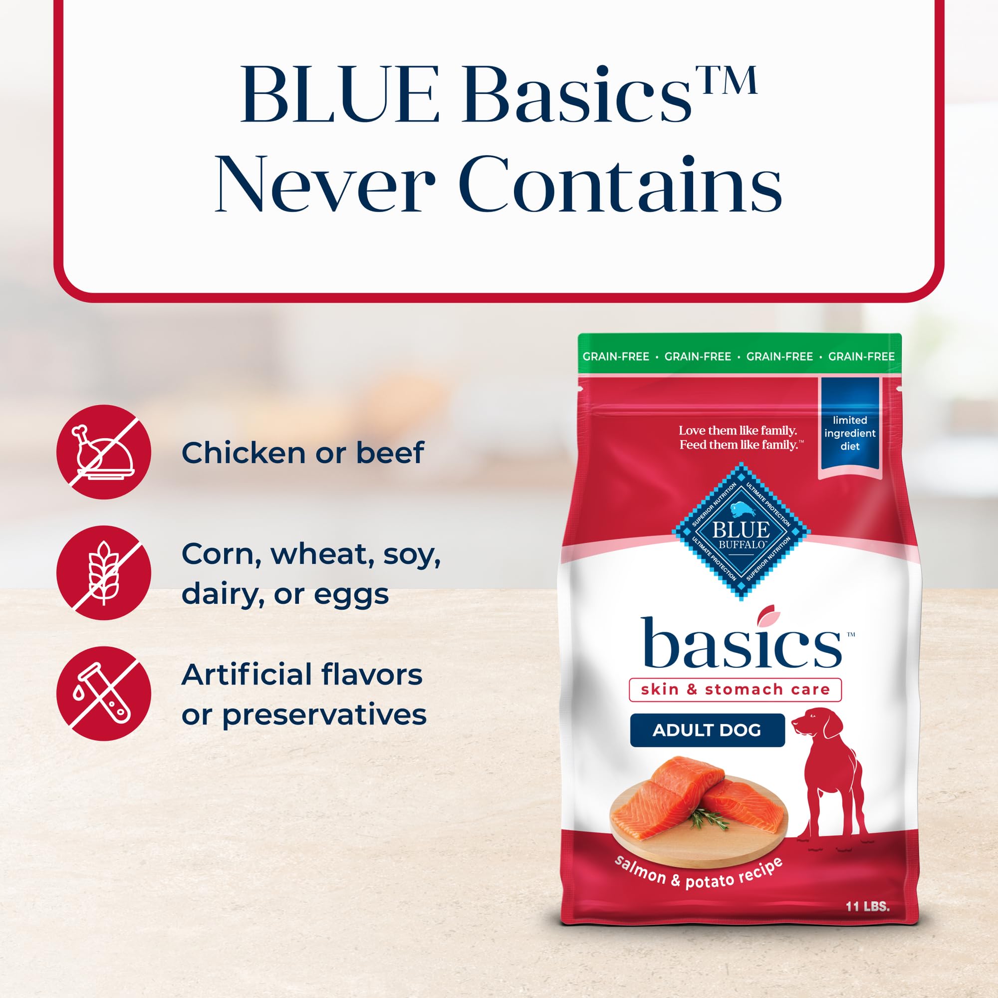 Blue Buffalo Basics sin subproductos de pollo en la etiqueta