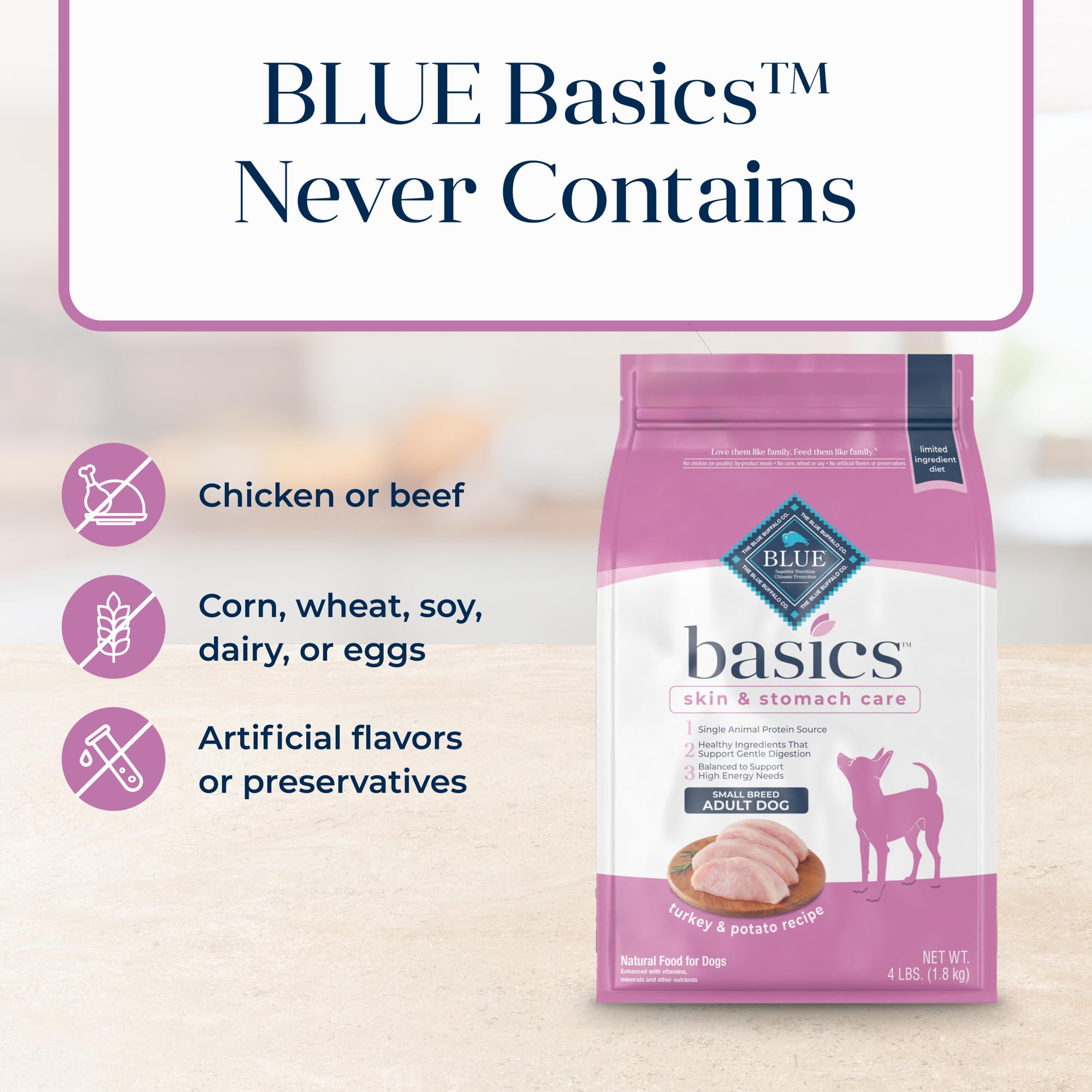 Blue Buffalo Basics: sin subproductos de pollo ni derivados.