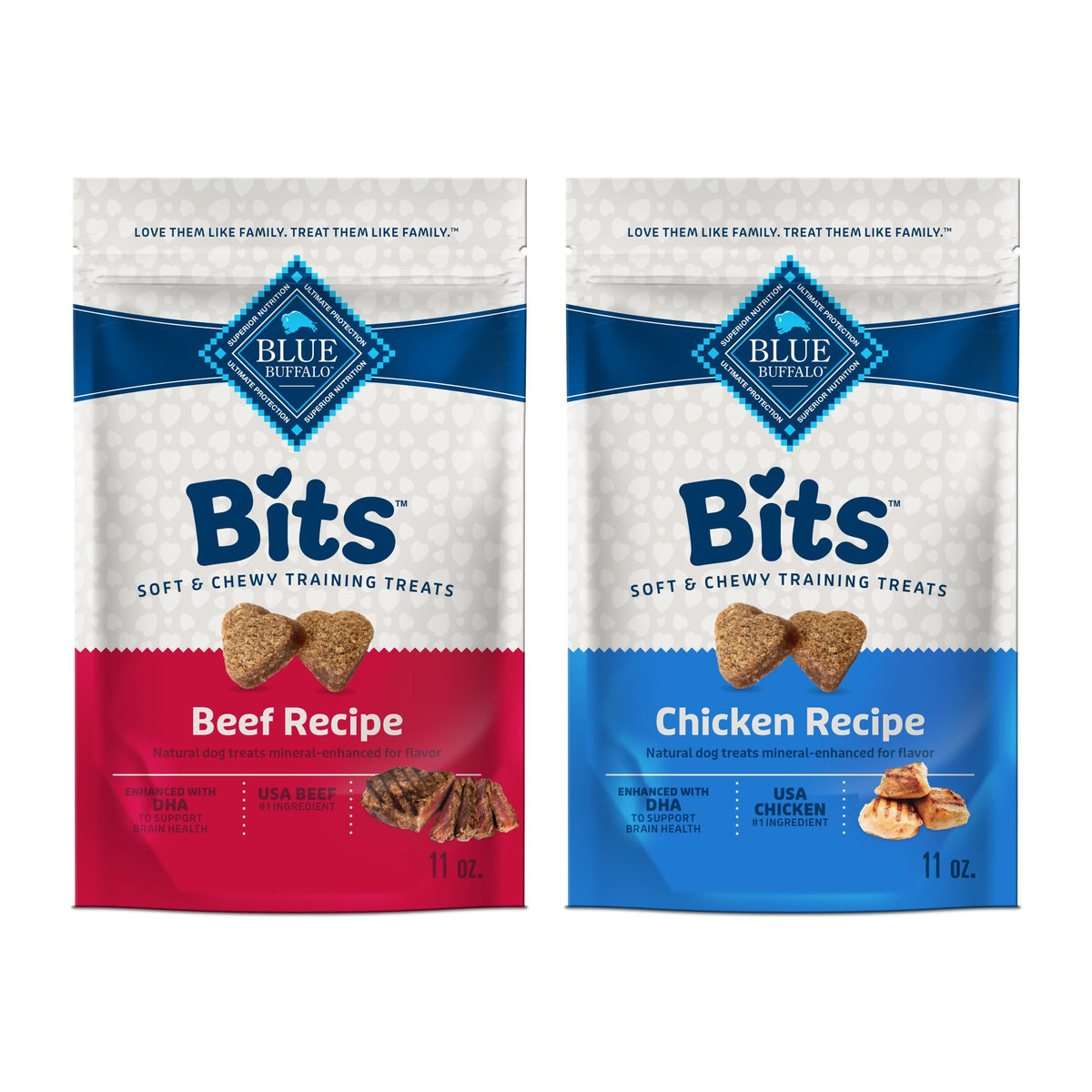 Blue Buffalo Bits, tratitos suaves de pollo en paquete, ideal para entrenamiento.