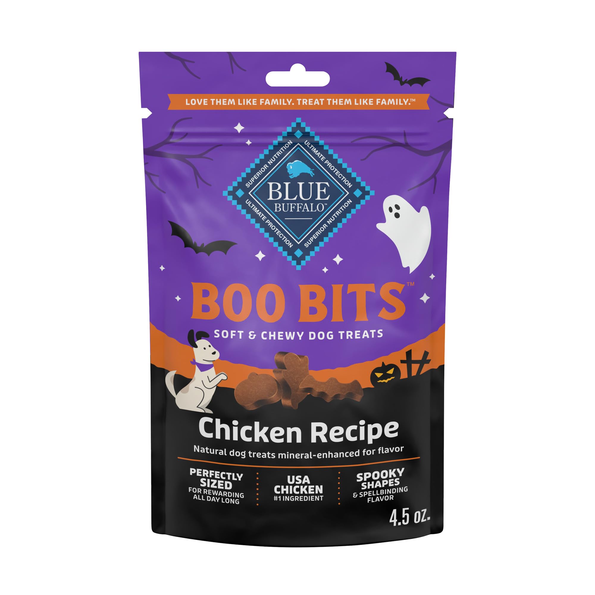 Blue Buffalo Boo Bits Halloween para perros, sabor a pollo, ideal para entrenamiento suave.