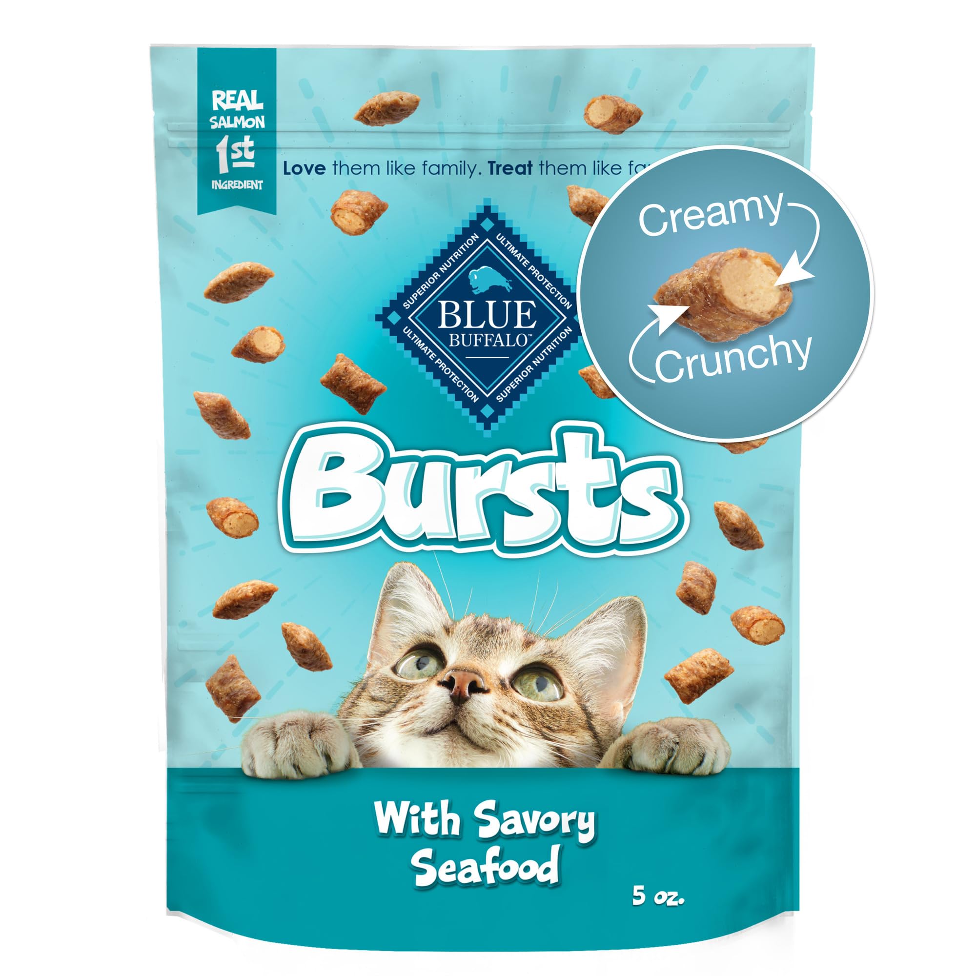Blue Buffalo Bursts bolsa 5oz con sabor a mariscos, snack sabroso para entrenar a tu gato