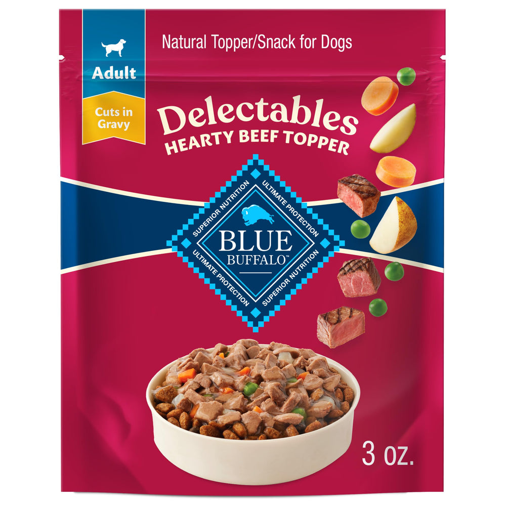 Blue Buffalo Delectables: cortes de res en salsa, empaque cercano para servir fácilmente.