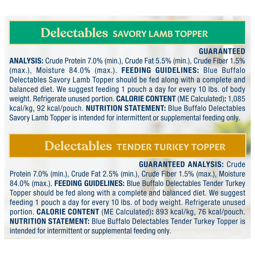 Blue Buffalo Delectables Topper presentado en tazones, ideal para servir.
