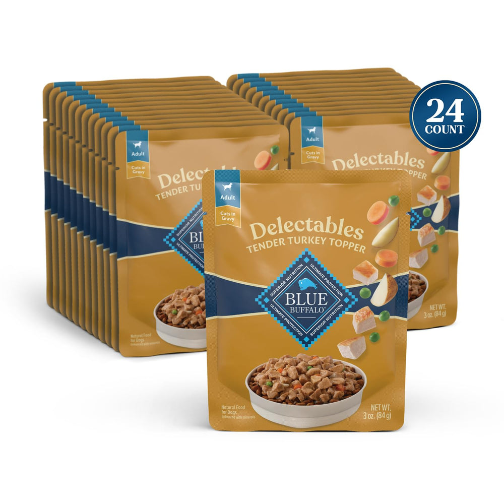 Blue Buffalo Delectables complemento con pavo y verduras en salsa sabrosa.