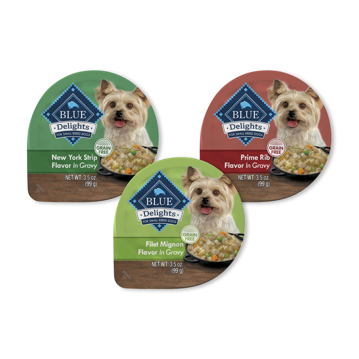 Blue Buffalo Delights Prime Rib con salsa, ideal para alimentar perros pequeños con sabor intenso.