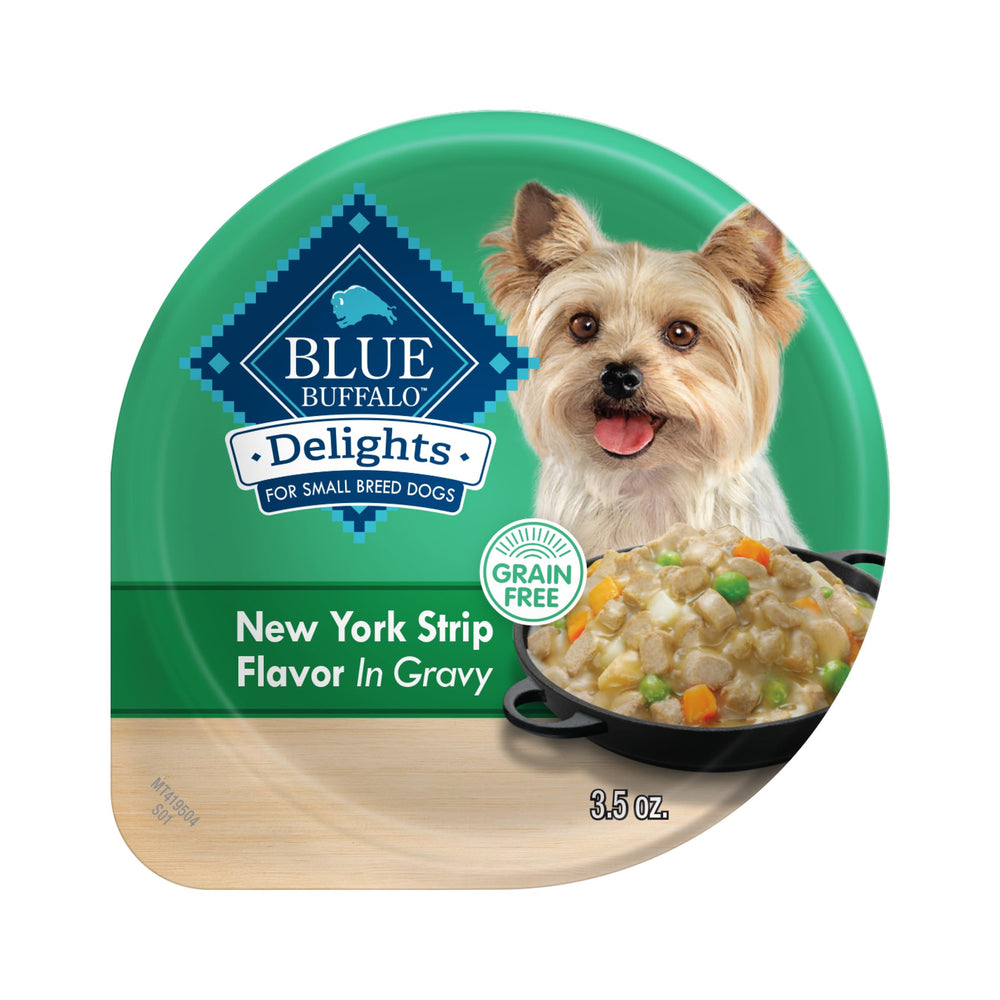Blue Buffalo Delights para razas pequeñas en NY Strip en salsa, comida húmeda sabrosa para perros pequeños.