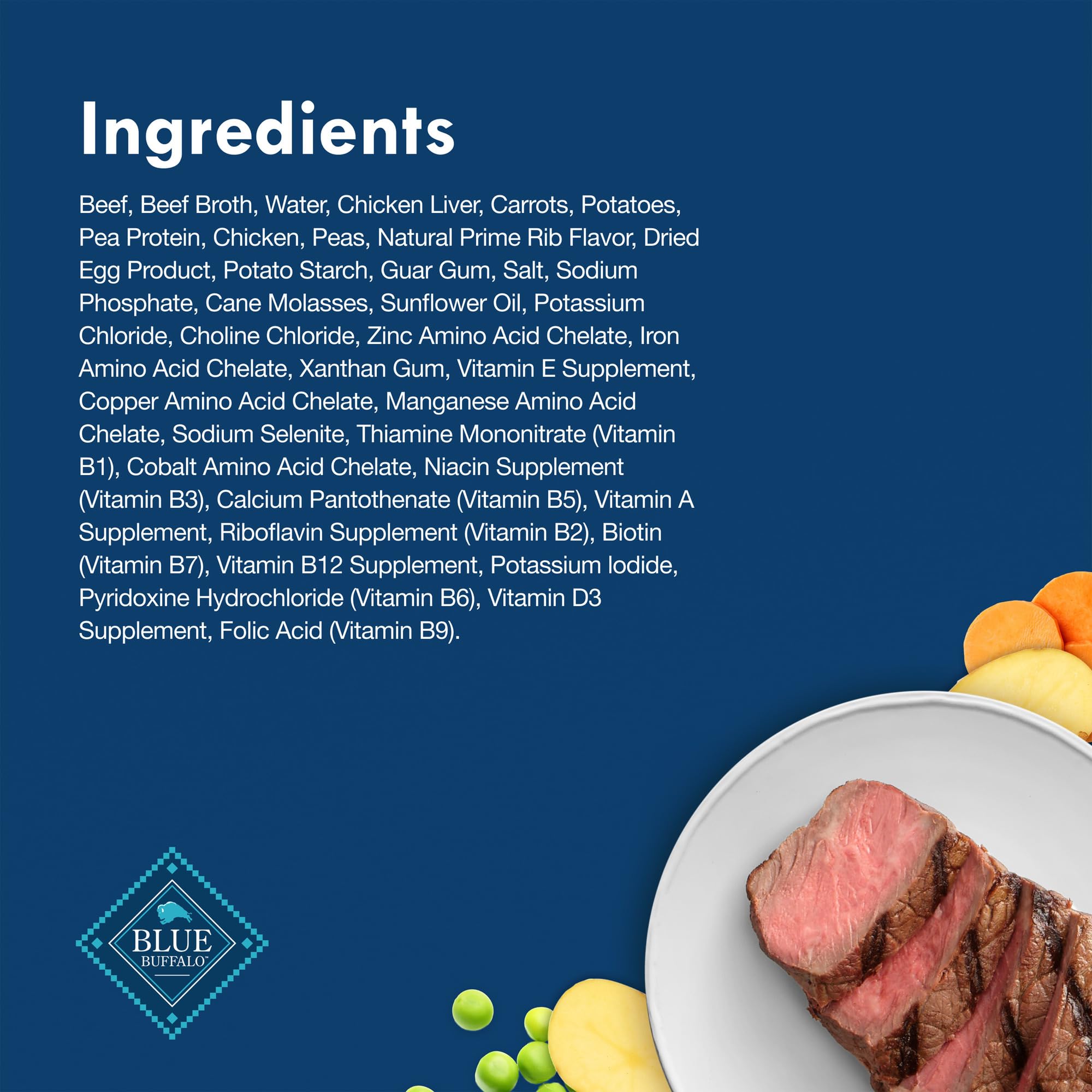 Blue Buffalo Delights verduras completas con papa, zanahoria y guisantes.