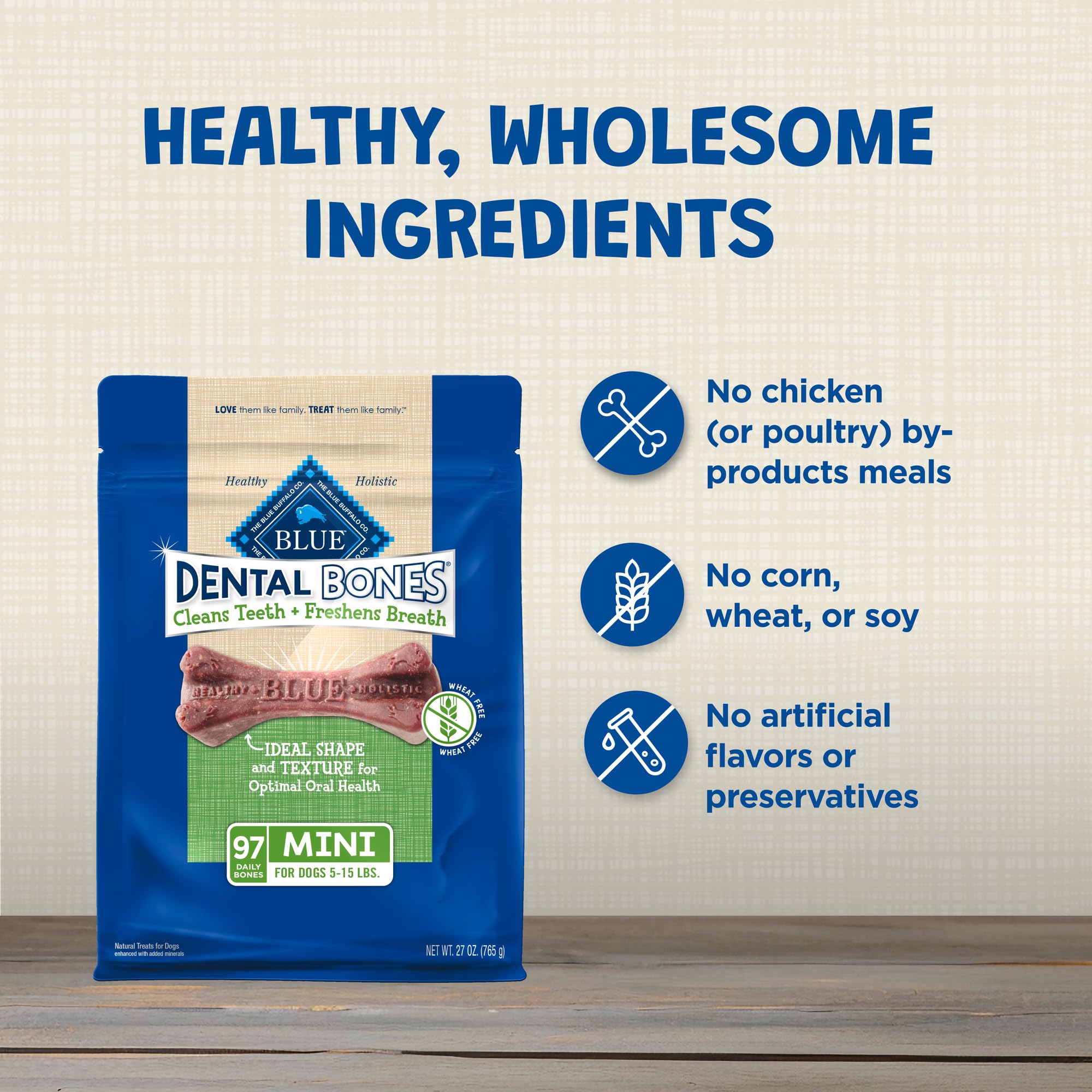 Blue Buffalo Dental Bones Mini: sin conservantes artificiales ni colorantes.