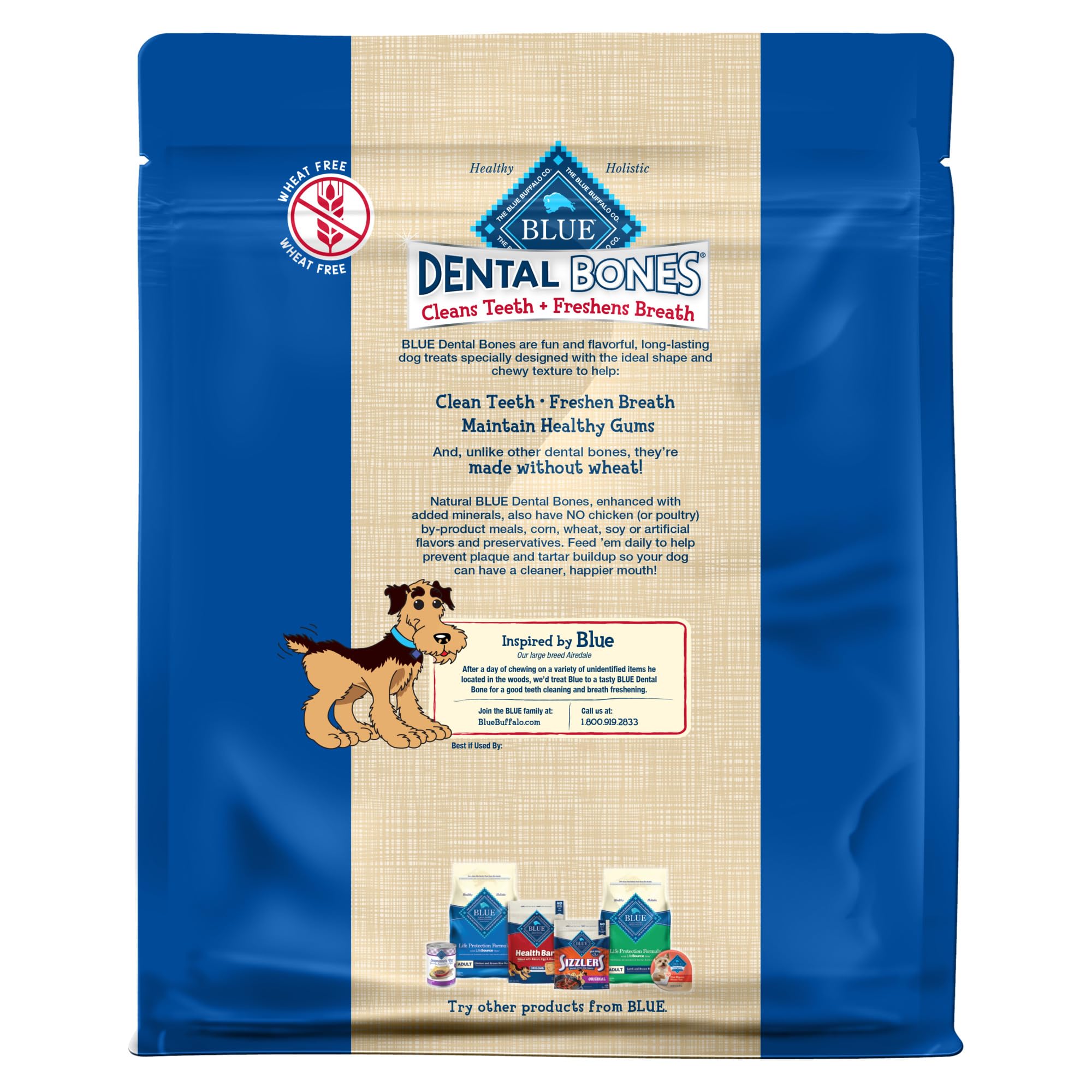 Blue Buffalo Dental Bones, mordedor natural para perro, mejora la salud bucal durante el juego.