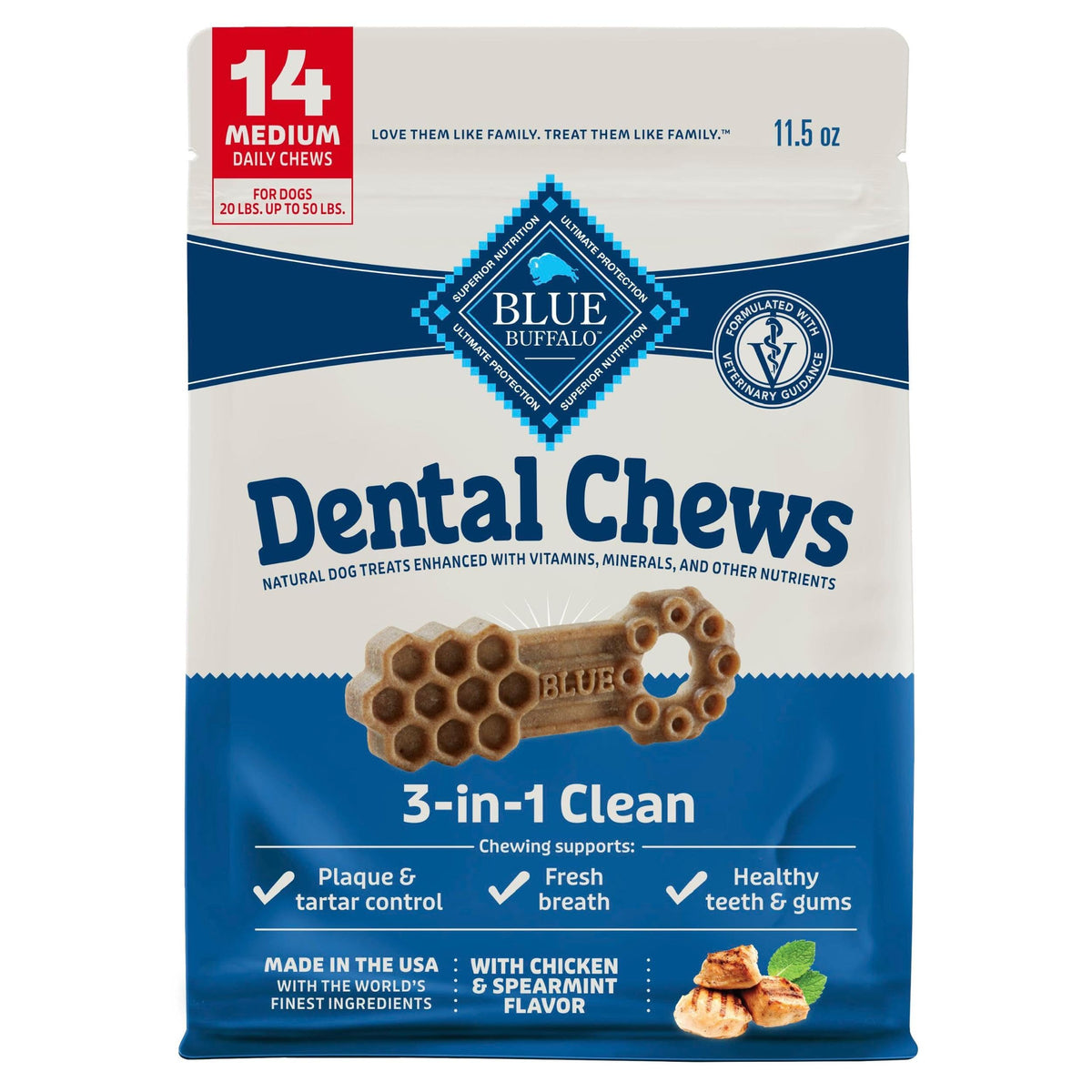 Blue Buffalo Dental Chews: empaque visible para cuidado diario de dientes y encías.