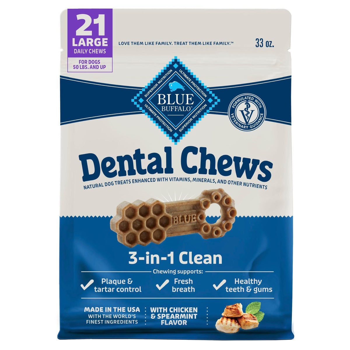 Golosinas dentales Blue Buffalo Grande en empaque visible, ideal para rutina dental diaria.