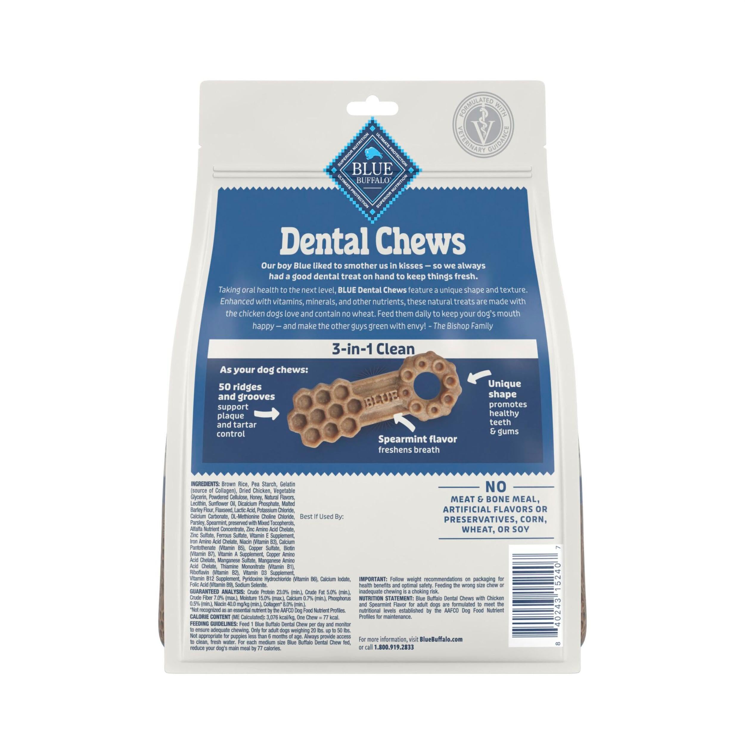 Blue Buffalo Dental Chews: ingredientes naturales, sabor atractivo para masticar con confianza.