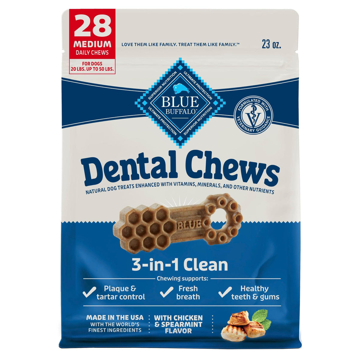 Blue Buffalo Dental Chews: paquete frontal, promueve higiene dental diaria de tu perro.