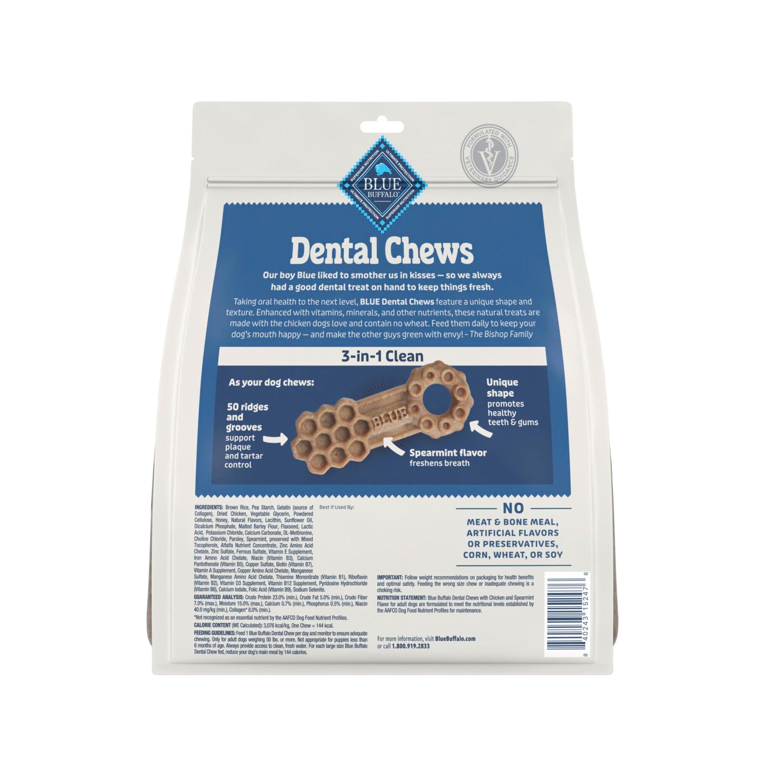 Blue Buffalo Grande con rugas dentales visibles, promoviendo limpieza suave.
