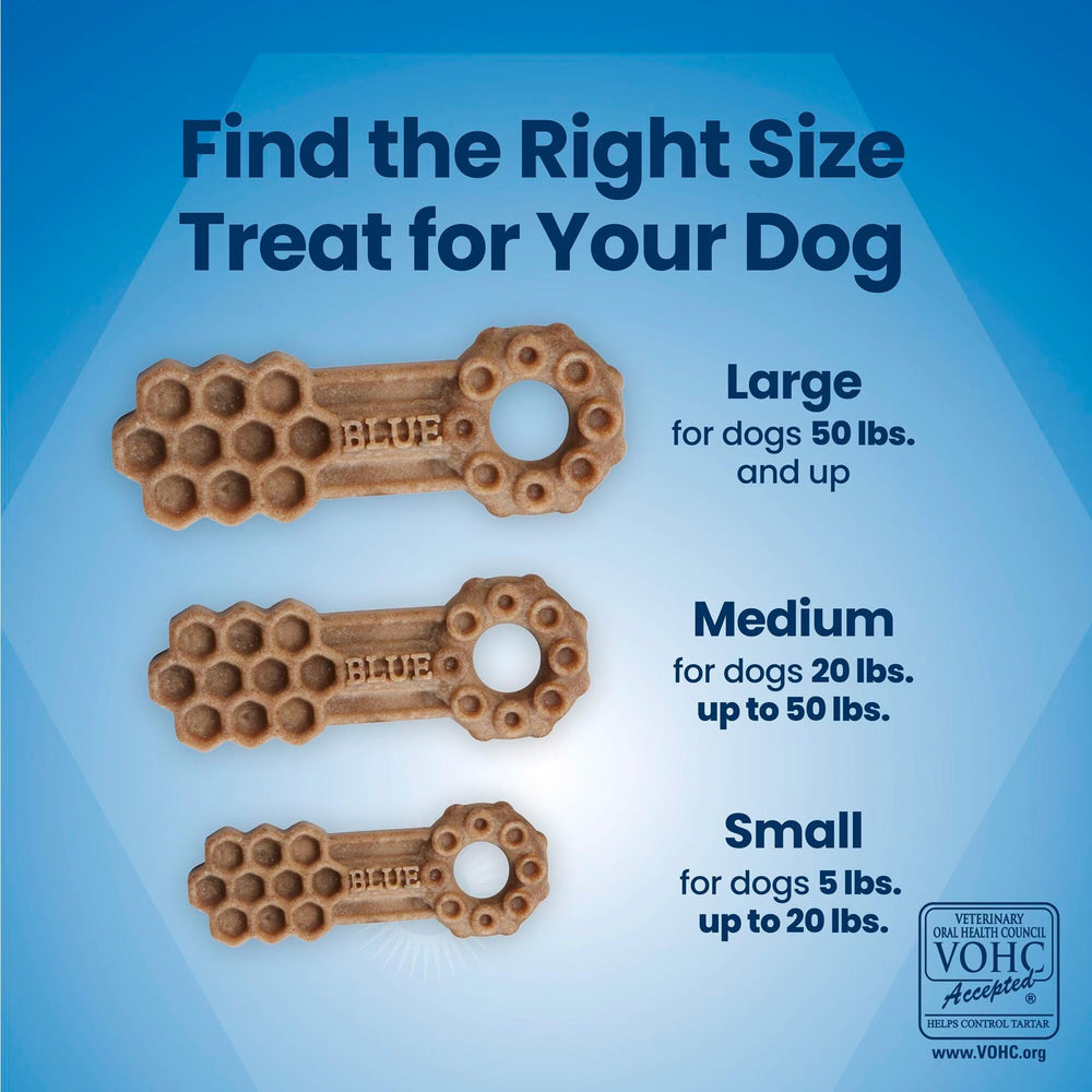 Blue Buffalo Dental Chews, tamaño mediano, ideal para perros entre 20 y 50 libras.