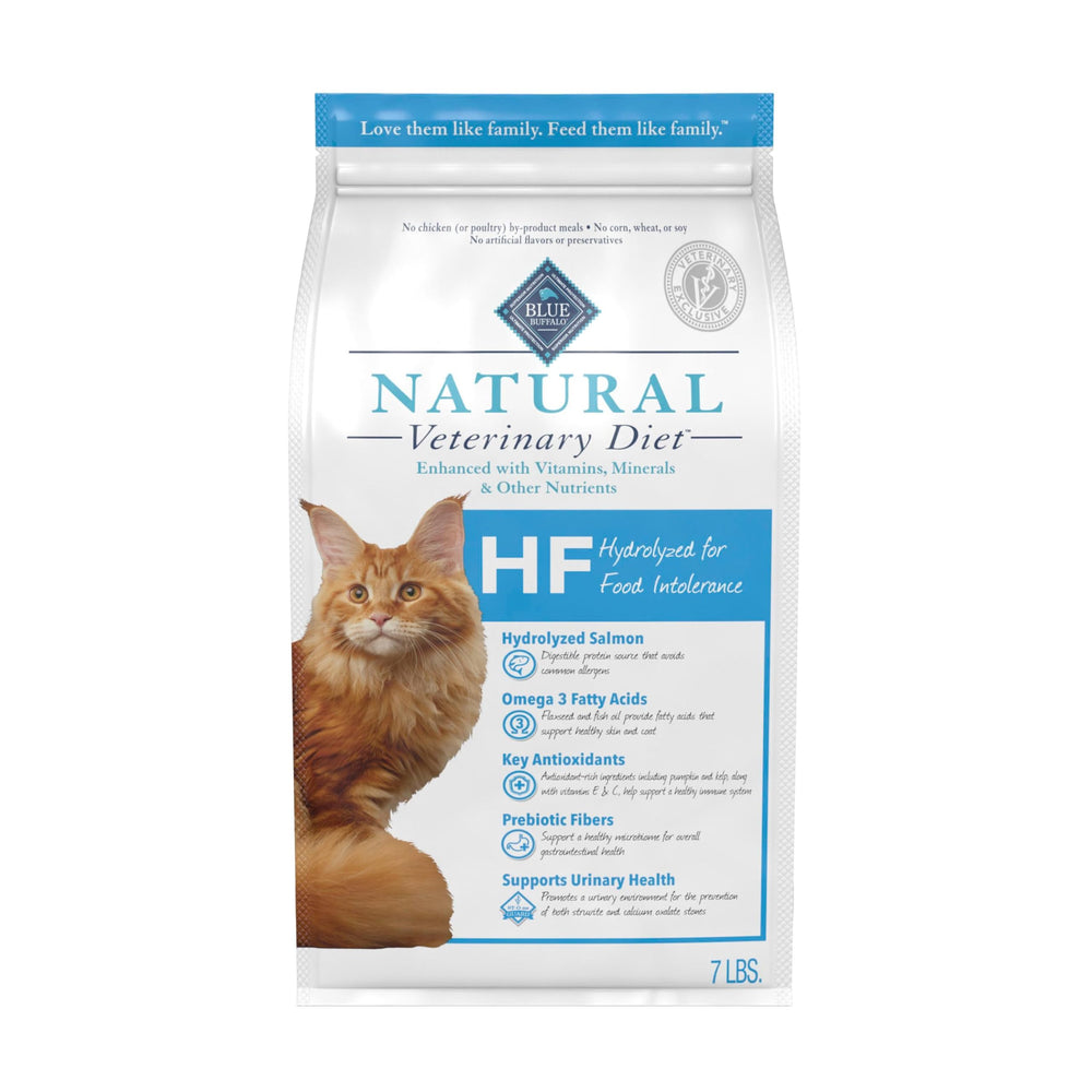 Blue Buffalo HF Hidrolizado frente del envase, ideal para gatos con estómagos sensibles.