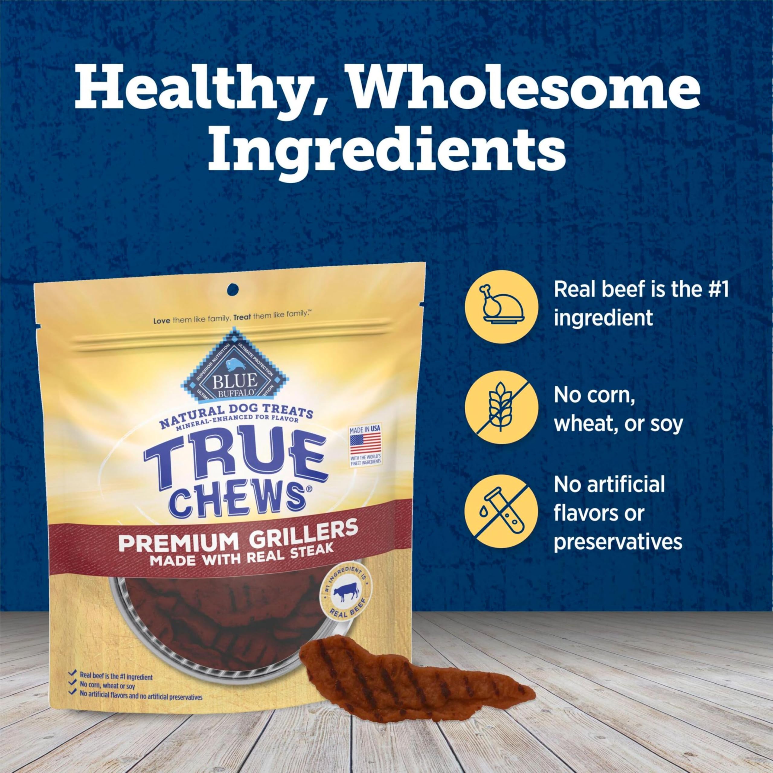 Blue Buffalo empaque visible facilita seleccionar bocados sabrosos para perros activos.